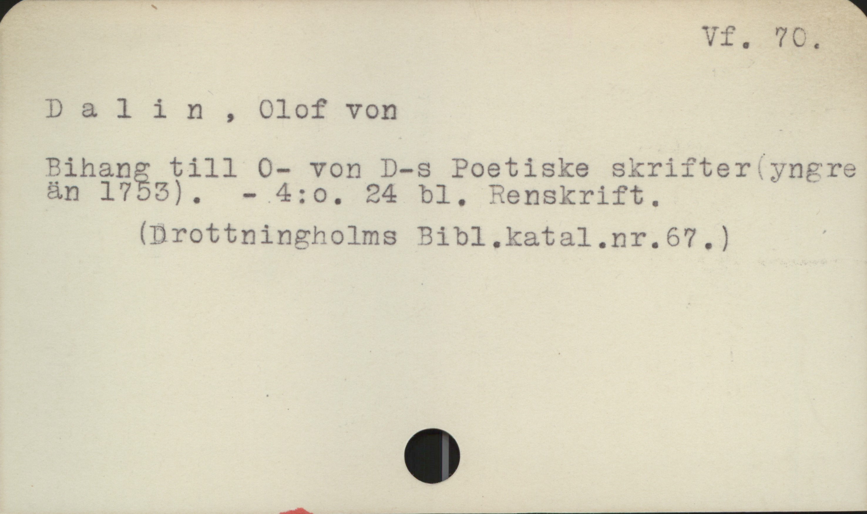 Dalin, Olof von Vf. 70.
Dalin, Olof von
Bihang till O- von D-s Poetiske skrifter yngre
än 1755). - 4:o. 24 bl. Renskrift.
(Drottningholms Bibl.katal.nr.67 .)