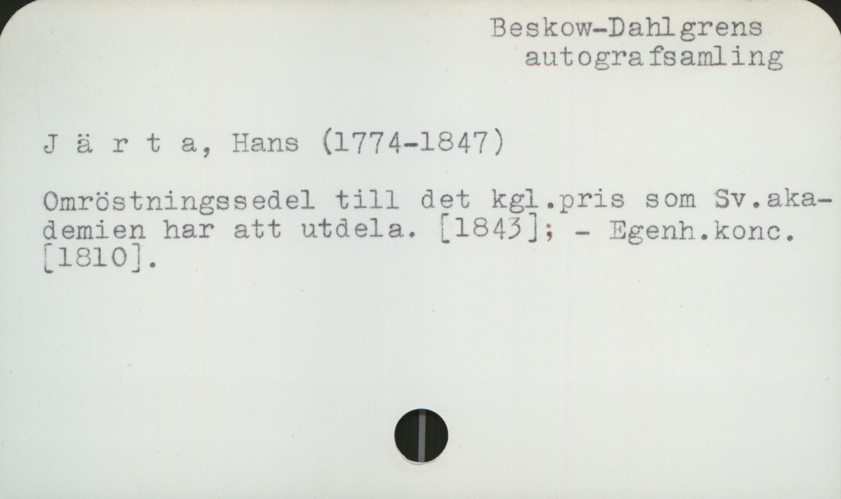 Järta, Hans (1774-1847) Beskow-Dahlgrens autografsamling

Järta, Hans (1774-1847)

Omröstningssedel till det kgl. pris som Sv . aka-
demien har att utdela. [1843];  Egenh. konc.
[1810]