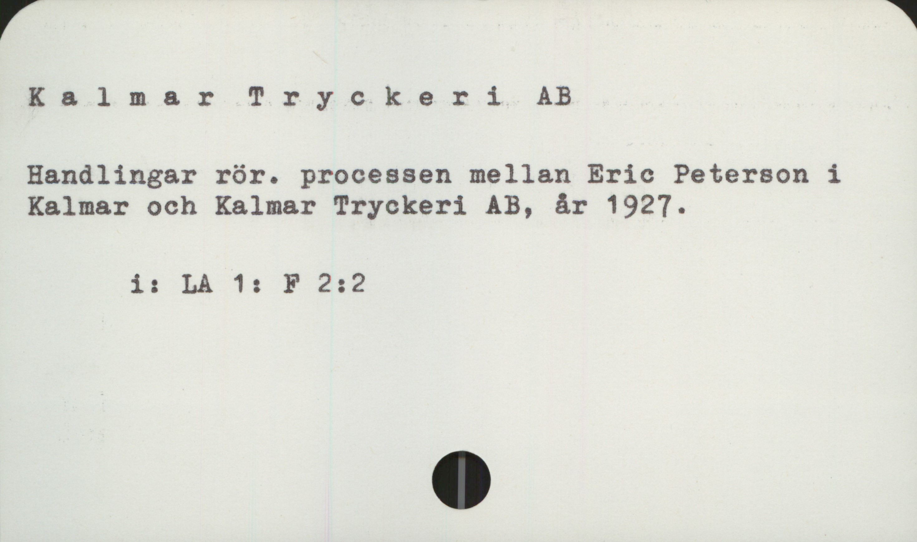  Kalmar Tryckeri AB
Handlingar rör. processen mellan Eric Peterson i
Kalmar och Kalmar Tryckeri AB, år 1927.

i: LA 1; F 2:2

