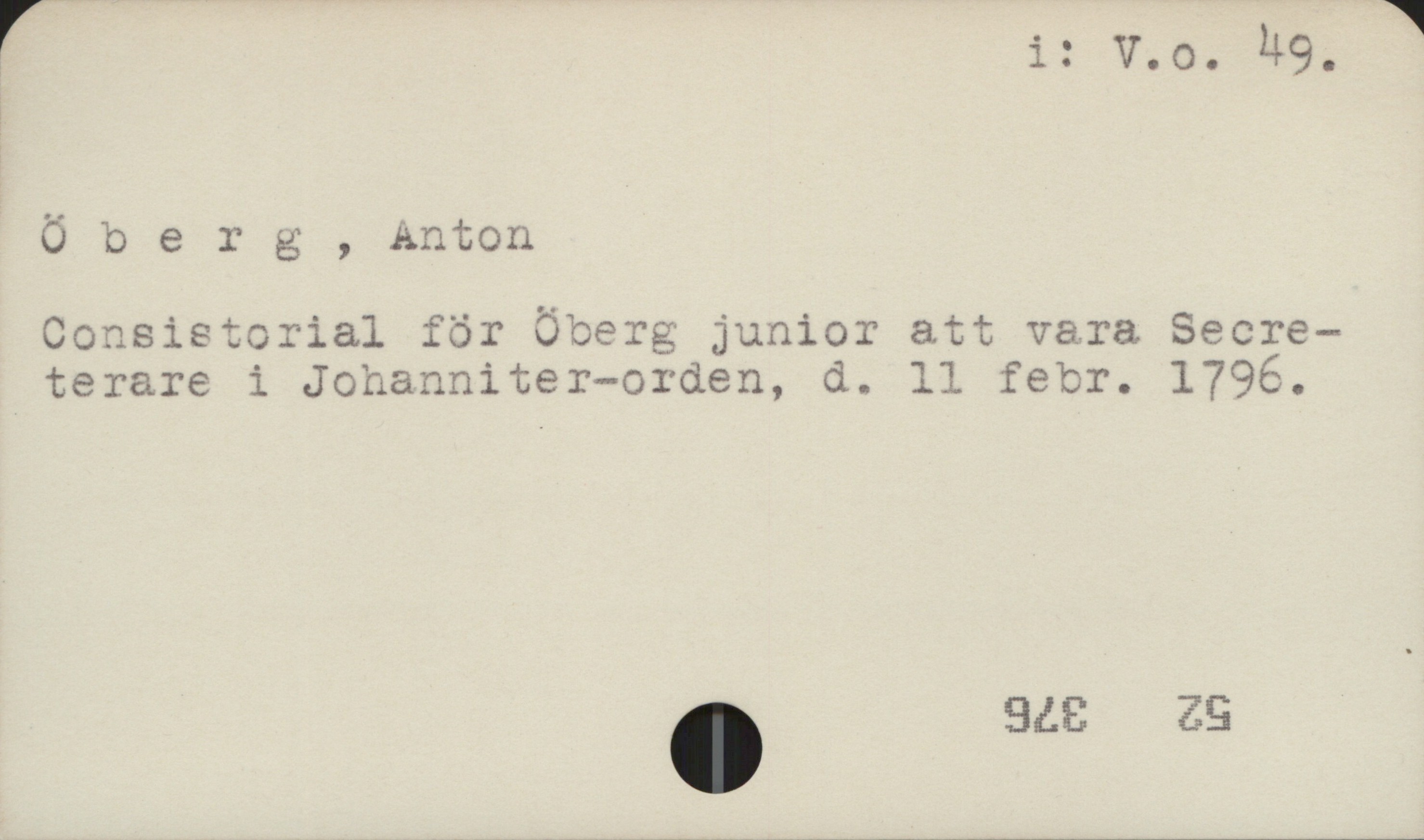 Öberg, Anton i: Vo 49

Öberg, Anton

Consistorial för Öberg junior att vara 
Secreterare i Johanniter-orden, d. 11 febr. 1796