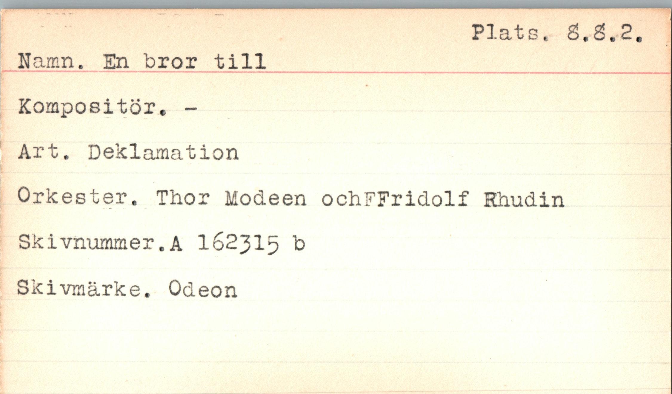  ﻿Plats» 3.S.2
Namn. En bror till Kompositör. -Art. Deklamation
Orkester. Thor Modeen ochFFridolf Rhudin Skivnummer.A 162315 b Skivmärke. Odeon