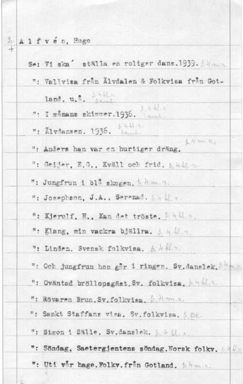 Alfvén, Hugo Emil fal-.S

 

A 1 f v é n, Hugo

Se:

YY

"I

"o

H.
.-

II ,
1! .

O
Il

nu
I

"o

N.
O

.I

Q

II.

"I
Ö

: Vallvisa från Älvdalen & Folkvisa från Got
: Josephson, J.A., Sarv-nad.l

-.Bövnrsn.Brun.5y.folkvisa.-?.i.e

. Uti vår hage.Fblgy.från Gotland. b

Vi skaI ställa en roliger dans.1939.f;nh.

land. u.3.

P Lv.- leL. L

I månans skimmer.1936.

5
I,D i , ,. .
v " "

Älvdansen. ljjb.

Anders han var en hurtiger dräng.

Geij-r, E.G., Kväll och frid. att;

Ju-ngfmn i  amggn.  r" .

Kjerulf, H., Kan det tröste,w;th

Klang, min vackra bjällra.

Linden. Svensk folkrisa. 5,ÄÅÅw,

Oväntad bröllopsgäst.Sv, folkyisa.j-H-f
Sankt Staffans visa. Sv.folkvisa.f-:a

Simon i Sälle. Sv.danslek, ia;

La
nu...

Söndagi Sastsrgjentens söndag.Norsk folkv.j i.

 fIVV. . v.

2 Och Jungfrun hon går i ringen. Sv;danslek,5åir: