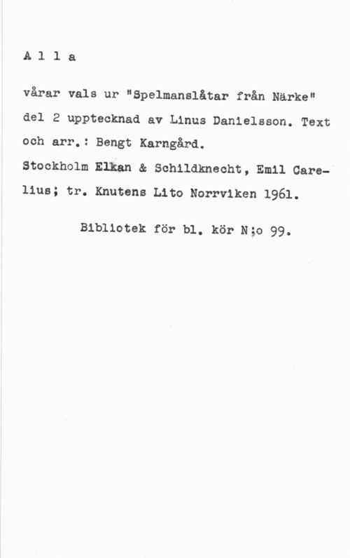 Danielsson, Linus & Karngård, Bengt Alla

vårar vals ur "Spelmanslåtar från Närke"

del 2 upptecknad av Linus Danielsson. Text

och arr.: Bengt Karngård.
Stockholm Elkan & Schildkneeht, Emil Gare-"
lius; tr. Knutens Lito Norrviken 1961.

Bibliotek för bl. kör Ngo 99.