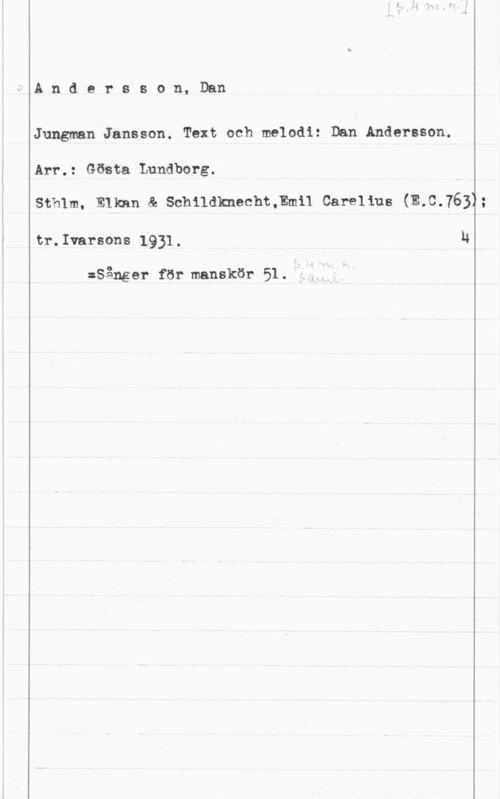 Andersson, Dan Andersson, Dan

Jungman Jansson. Text och melodi: Dan Andersson.
Arr.: Gösta Lundborg.

stmm, man a. schuaxmechtmmn can-snus (11.0.7632
tr.Ivarsons 1931, H

:Sånger för manskör 51.