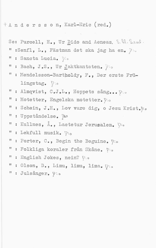 Andersson, Karl-Eric l-A n d e r s s o n, Karl-Eric (red.)

Se: Purcell, H., Ur Qido and Aeneas.3ua&.gac&-

II

Senfl, L., Fästman det ska jag ha en. yw.

II

Sancta Lucia. ?w
Bach, J.S., Ur iaktkantaten. ju)

Mendelsson-Bartholdy, F., Der erste Fru
II

H

lingstag. the

II

Almqvist, C.J.L., Hoppets sång...?x0

II

Motetter, Engelska motetter.ym,

I!

.O

Schein, J.H., Lov vare dig, o Jesu Krist.yb
" : Uppståndelse. Yw

I!

Kullnes, Ä., Laetetur Jerusalem. Vw

Lekfull musik. Vu,

I!

O.

H

Porter, C., Begin the Beguine.lks
" : Folkliga koraler från Skåne. Vw

" : English Jokes, nein? Yxn

Olson, D., Limu, limu, limam VL.

H

O.

Julsånger. yzs