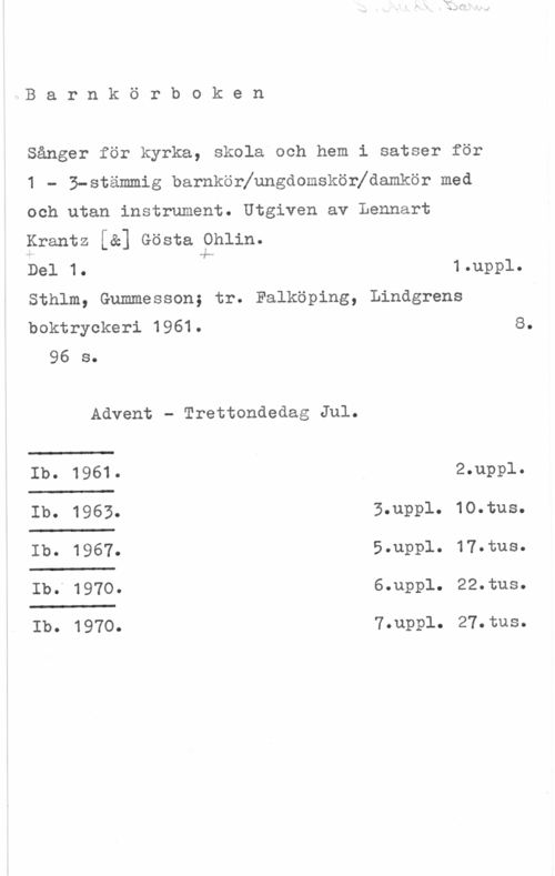 Barnkörboken Barnkörboken

Sånger för kyrka, skola och hem i satser för
1 - B-stämmig barnkörfungdomskörfdamkör med
och utan instrument. Utgiven av Lennart
krantz [e] Gösta ohlin.

Del 1. 1.uppl.

Sthlm, Gummesson; tr. Falköping, Lindgrens

boktryckeri 1961. 8.
96 s.

Advent - Trettondedag Jul.

 

 

Ib. 1961. 2.uppl.
Ib. 1963. 3.uppl. 10.tus.
Ib. 1967. 5.uppl. 17.tus.
Ib. 1970. 6.uppl. 22.tus.

 

Ib. 1970. 7.uppl. 27.tus.