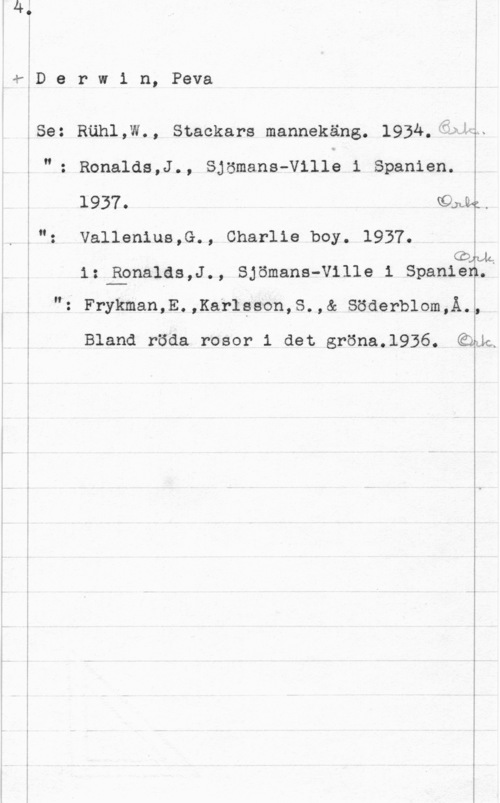Derwin, Peva (Oskar Edvin) kåD e r w 1 n, Peva

ISe: Ruhl,W., Stackars mannekäng. 1934353im

I

I

II: Ronalds,J., Sjömans-Ville i Spanien.

1937. Glnhp.
é" Vallenius,G., Charlie boy. 1937.

CÖJvIL.
1:-E9naläs,J., Sjömans-Ville 1 Spanien.

I "z Frykman,E.,KarIgeon,S.,& Söderblom,Å.,

Bland röda rosor 1 det gröna.l936. GMC,