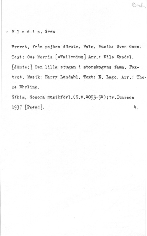 Flodin, Sven BIF 1 o d i n, Sven

Brevet, från pojken därute. Väls. Musik: Sven Goon.
Text: Gus Morris [=Wa11enius] Arr.: Nils Kändel.
[Jämtez] Den lilla stugan i storskogens famn. Foxtrot. Musik: Harry Lundahl. Text: I. Lago. Arr.: Thore Ehrling.

Sthlm, Sonora musikför1.(S.M.3053-5N):tr.Ivarson

1937 [Pseud]. n.