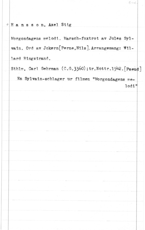 Hansson, Stig Hansson, AxelStig

Morgondagens melodi. Marsch-foxtrot av Jules Sylvain. Ord av Jokeranerne,Nils].Arrangemang: Villard Ringstrand.

sthlm, carl Gehrman (c.G.3360);tr.Nottr.19h2.[P=euq]

En Sylvain-schlager ur filmen "Morgondagens meloai"