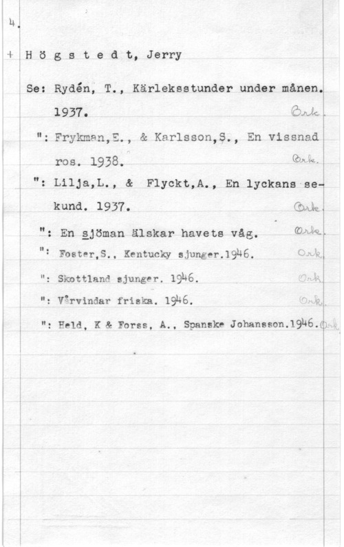 Högstedt, Jerry Högstedt, Jerry

Se:

Rydén; T;, Kärleksstunder under månen.
1937.

"z Frykman,E., & Karlsson,3., En vissnad

ros. 1938.f (Ömh": Lilja,L., & Flyckt,A., En lyckans sekund. 1937. QQJQw
"z En gjöman älskar havets våg. GÄQÄ-
": Foster,S., Kentucky sjunger.19u6. fJKF.
"z Skottland sjunger. IQMG.
": Vgrvindar friska. 19u6. I"äk

Qnuk.

. Hald, K & Forss, A., Spansk: Johansson.19146.äW

lKJ