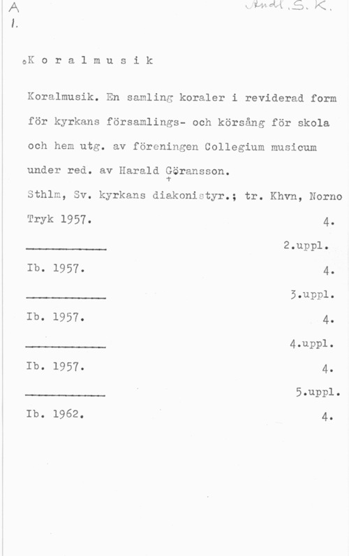 Göransson, Harald QK o r a l m u s i k

Koralmusik. En samling koraler i reviderad form
för kyrkans församlings- och körsång för skola
och hem utg. av föreningen Collegium musicum
under red. av Harald Eöransson.

Sthlm, Sv. kyrkans diakonistyr.; tr. Khvn, Norno

 

 

 

Tryk 1957. 4.

2.uppl.

Ib. 1957. 45.uppl.

Ib. 1957. 4.
4.uppl.

Ib. 1957. 45.uppl.

 

Ib. 1962. i 4.
