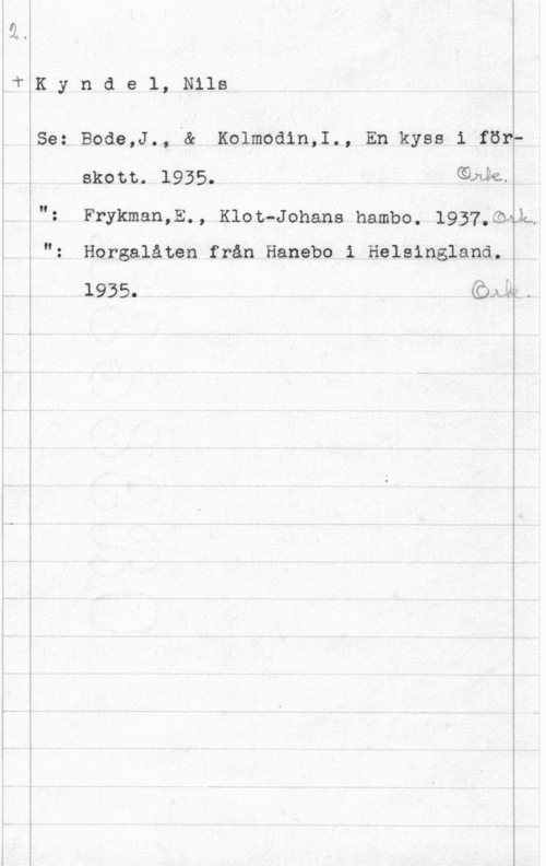 Kyndel, Nils M
l

,fäK y n d e 1, Nils

ESe: Bode,J., & Kolmodin,I., En kyss i förh
i

Frykman,E., Klot-Johans hambo. 1937.5901w

i
i
I
i"
i
I
l

än

Horgalåten från Hanebo i Helsingland.
1935.  .

i

. , ...- ... hu: