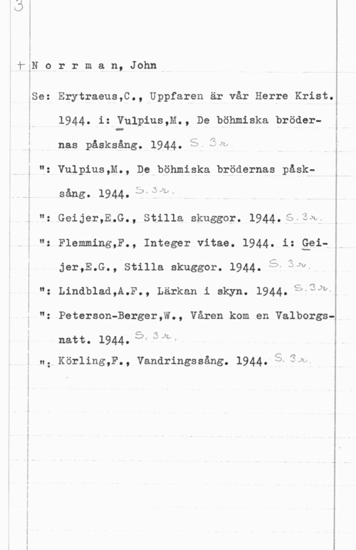 Norrman, John Teodor fåN o

Se:

"o
o

VGeijer,E.G., Stilla skuggor. 1944.55.33Lt

r r m a n, John

Erytraeus,C., Uppfaren är vår Herre Krist.

1944. i: Vulpius,M., De böhmiska bröder
fw
är: -)l .;

nas påsksång. 1944, Sy
VulPius,M-, De böhmiska brödernas påsk:
Sång- 19.44. 5- :YU
Flemming,F., Integer vitae. 1944. i: 9911
jer,E.G., Stilla skuggor. 1944. åk 3Jv,

Lindblad,A.F., Lärkan i skyn, 1944.65,3av.
Peterson-Berger,W., Våren kom en Valborgs
natt. 1944. sf fmKörling,F., Vandringssång. 1944."SK3J11Ä