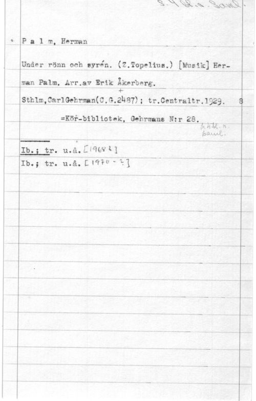 Palm, Carl Herman Pa1)m, Harman

Under rönn och syr-Änf (Z.Topeliua.) [Musik] Her
mgn Palm. Arr.av Erik Åkerberg.
i . i" k u

sthlm, 03171 qphmm c , G-.gh 87) ; tr...cqpprql1ir.1929. e:

..-

-H,=Körfbibliopek, Gehrmaggnäzr 283
1; iaf. nV .

..-

L , W
pa Lax-1.4 .

 u-.å-f-ffäkff ä-- - 
111.; tr. u.å. L WW " 1:1