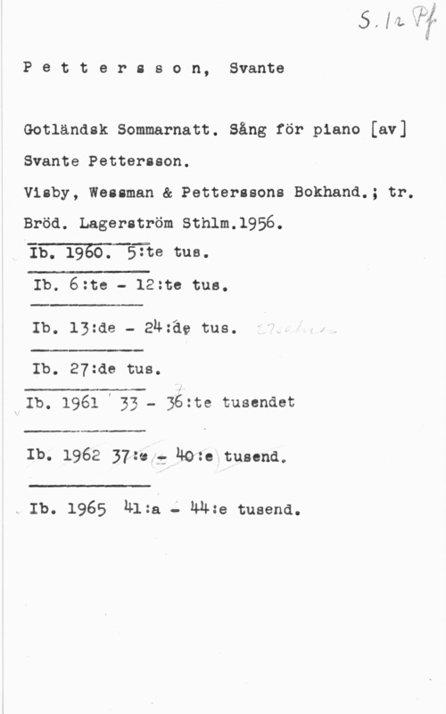 Pettersson, Svante Pettersson, Svante

Gotländsk Sommarnatt. Sång för piano [av]

Svante Pettersson.

Visby, Wessman & Petterssons Bokhand.; tr.

Bröd. Lagerström Sthlm.1956.
. Ti. 19äö. :Elite ms.

 

A2
(kb. åzte - 12:te tue.

 

Ib. 13:ae - enzae tue.

 

Ib. 27zde tus.

 

huIb. 1961 l33 - 3ézte susanna:

 

Ib. 1962 37:e g Mozeitusena.

. Ib. 1965 Äläa é 44:e tusend.

 

Å?