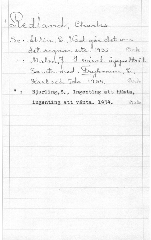 Redland, Charles H

N

Njurling,S., Ingenting att hämta,

ingenting att vänta. 1934.

(DM.