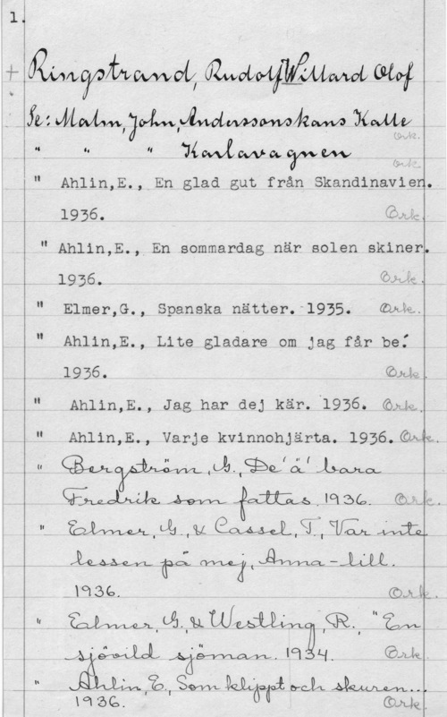 Ringstrand, Rudolf Willard Olof N
(5,, I  X

" .VéovvzovvwxcäwvtAaf

n " Ahlin,E., En glad gut från Skandinavipnw
19.56. A . GM..
" Ahlin,E., En sommardag när solen skinenn

1956.. - f .  
" E1mer,G., Spanska nätter.-1935. Egia.

" Ahlin,E., Lite gladare om jag får be:
" Anlin,E., Jag har de; kär. "1936. Gm.

" Amini" varje kvinnohgärm. 19.36.&df,.

".  n .LJJ- (ägg, 02.!  -.

i  m ,  .lol ..&.?L.Lci.
u. awfuy W,T,mwu...

 

i

 

 

 

-10136, .. . . i- i - , .(QJLÅL. 1
Å . u - Wnbg-.u :CR-.v u
W Å ::3:i::ifl,,åååqn44pwx,ICLDH. ink - Wim. I I M (Om,