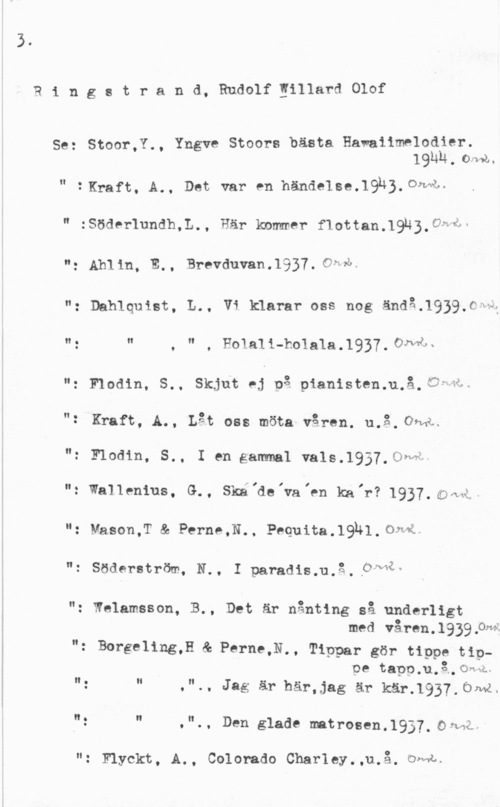 Ringstrand, Rudolf Willard Olof Ringatrand., RudolfEillard. Olof

Se: Stoor,Y., Yngve Stoors bästa Hawaiimelodier.
 , 0-11); .

" :KI-au, A., Det var en händelse.19h).0må-
" :Söderlundh,L., Här kommer flott-anJQHLGN-WEH

"z Ahlin, E., Brevduvan.1937. Omb,

"z Dahlquist. L.. Vi klara? OBS mig ändå-1939-C-"äféz
n: N , " , H01311-h01a18.1937.onnå"

"2 FIOÖin. S.. Skjut PJ 03 pianistenmå., 

"g

- Kraft, A., Låt oss möta våren. må. GMBH

II.

Flodin, S., I en gammal vals.1937,0hf-vi

": wanenms. G., sig; 318 Iva än kair? 1937. 

"z Ma.son,T & Perne,N., Pequita.19181, omå,

"-

Söderström N., I paradismå. .On-al,

"z Welamsson, B., Det är nånting så underligt
med våren.1939.0må
": Borgeling,H & PerM-.NH Tippar gör tippa tippe tapp,u,.å.,oQ-.we..
": " ,"., Jag är här-Jag är kär.1937.Öm-Å-

"o n ll
.

. - . Den glade matrosenJijl, arma...

"z myckt, A., Colorado Charley..u.å. UML.