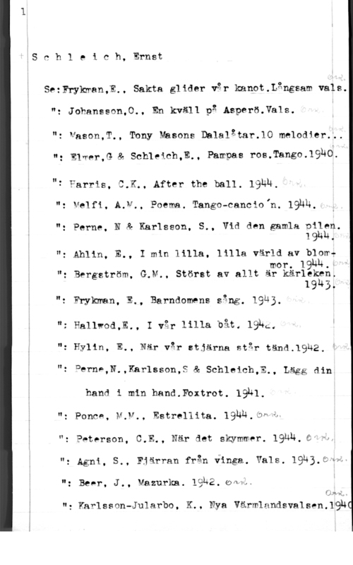 Schleich, Ernst Sch1 eich, Ernst

Se:!?ykman,E.. Sakta glider vår kanot.L3ngsam vals.

"2 Johansson,0., En kwäll på Asperö.Vals.

"z Vasen,T., Tony Masons Dalalåtar.10 melodier.;.

W- E1mer,G & Schleich,E., Pampas ros.Tango.19nÖ.

0

II

= parris, c.K., After the ball. lakh.
n: Velfi, Ajf.. Poem, Tango-Cancio I11. 191514.

n: perne, N & Karlsson. S., Vid den gamla Däåsn.
1 .

"z Ahlin, E., I min lilla, lilla värld av blomf

mor. IQHM.-
"g Bergström, G,M., Störst av allt är kärleken.

19h3.
Fnykman, E., Barndomens sång. 19U3.

"z Hallvod,E., I vår lilla båt. 19uc. I
: Hylin, E., När vår stjärna står tänd.19u2. 5

II.

Derne,N.,Karlsson,S & Schleich,E., Lägg din
hand i min hand.Fbxtrot. 1931.

"z Ponce, M.V., Estrellita. 19kn.(3"4f

"z Peterson, C.E., När det skymmer. IQUN. 5":H
"z Agni, S., Fjärran från Vinga. Vals. 1914101w

"z Beer, J., Vazurka. 19142. ofta-4.

(J. nav-:l "

f n: Karlssgn-Ju1arbo. K., Nya Värmlandsvalsen.T9NC