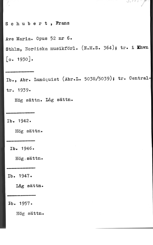 Schubert, Franz Peter Schubert, Franz

Ave Maria. Opus 52 nr 6.
sthlm, Nordiska musikförl. (N.M.s. 364); tr. i Ihvn

[Oo  o

 

Ib., Abr. Lundquist (Abr.L. 5038!5039); tr. central

tr. 1939
Hög sättn. Låg sättn.

 

Ib. 1942.

Hög sättn.

 

Ib. 1946.

Hög-sättn
 

Ib. 1947.

Låg sättn.

 

Ib. 1957.

Hög sättn.