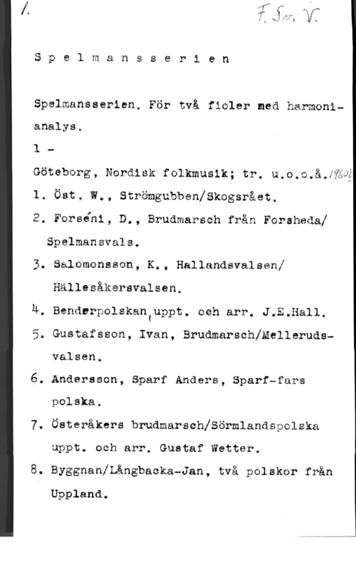 Spelmansserien Spelmansser1 en

Spelmansserien. För två fioler med harmonianalys.
1 -

Göteborg, Nordisk folkmusik; tr. u.o.o.å.Hä&

l. Öst. W., Strömgubbenfskogsrået.

2. Forséni, D., Brudmarsch från Forshedal
Spelmansvals.

3. Salomonsson, K., Hallandsvalsen!
Hällesåkersvalsen.

Ä, Bendcrpolskaniuppt. och arr. J.E.Hall.

5. Gustafsson, Ivan, Brudmarschfmellerudsvalsen.

6. Andersson, Sparf Anders, Sparr-fars
polska.

7. Österåkers brudmarschXSörmlandspolska

uppt. och arr. Gustaf Wetter.
8. ByggnanlLångbacka-Jan, två polskor från

Uppland.
