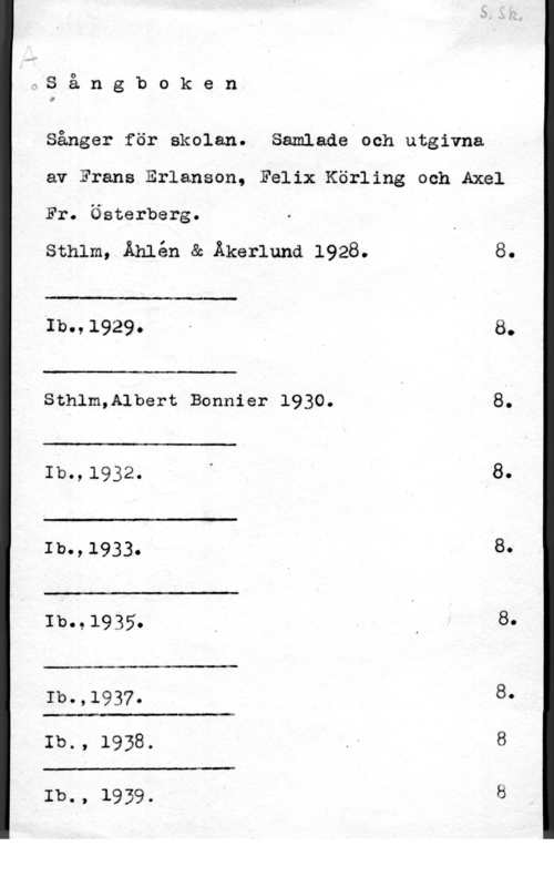 Erlanson, Frans & Körling, Johan Felix August & Osterberg, Fr. all

qS å n g b o k e n

Sånger för skolan. Samlade och utgivna

av Frans Erlaneon, Felix Körling och Axel

Fr. Österberg.
sthlm, Åhlén & Åkerlund 1928.

 

Ib.,1929.

 

Sthlm,A1bert Bonnier 1930.

 

Ib.,1932.

Ib.,1933.Å

 

Ib.,1935.

 

Ib.,1937.

 

Ib., 1938.

 

Ib., 1939.

8.

8.

8.

8.

8.

8.