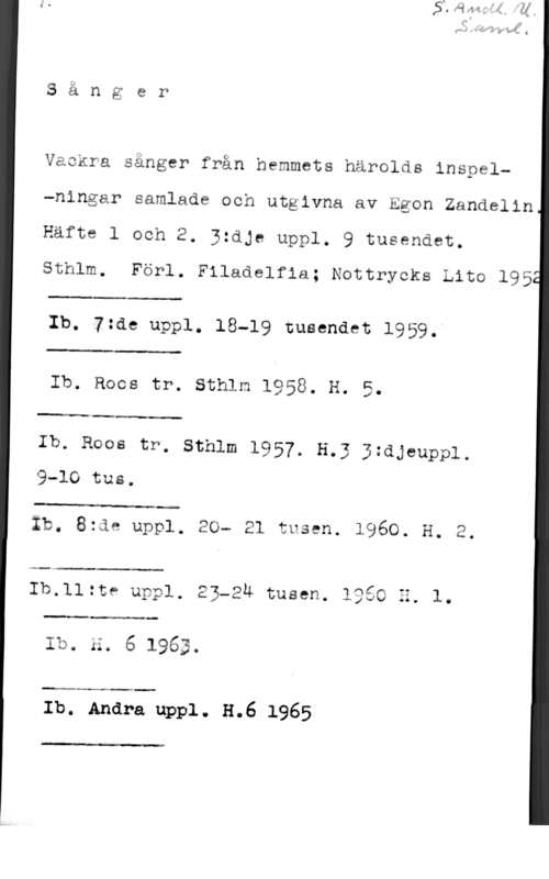 Zandelin, Egon Sänger

Vackra sånger från hemmets härolds inspel-ningar samlade och utgivna av Egon Zandelin
Häfte 1 och 2. jzdje uppl. 9 tusendet.
Sthlm. Förl. Filadelfia; Nottryoks Lito 195

 

Ib. 7zde uppl. 18-19 tusendet 1959.,

 

 

Ib. Roos tr. Sthlm 1958. H. 5.

 

Ib. Roos tr; Sthlm 1957. H,3 Btdjeuppl.
9-10 tue.

 

Ib. Side uppl. 20- 21 tvåan. 1960. H. 2.

 

Ib.11:te uppl. Ej-EÄ tusen. 1950 H. l.

 

Ib. n. 6 1963.

 

Ib. Andra uppl. H.6 1965