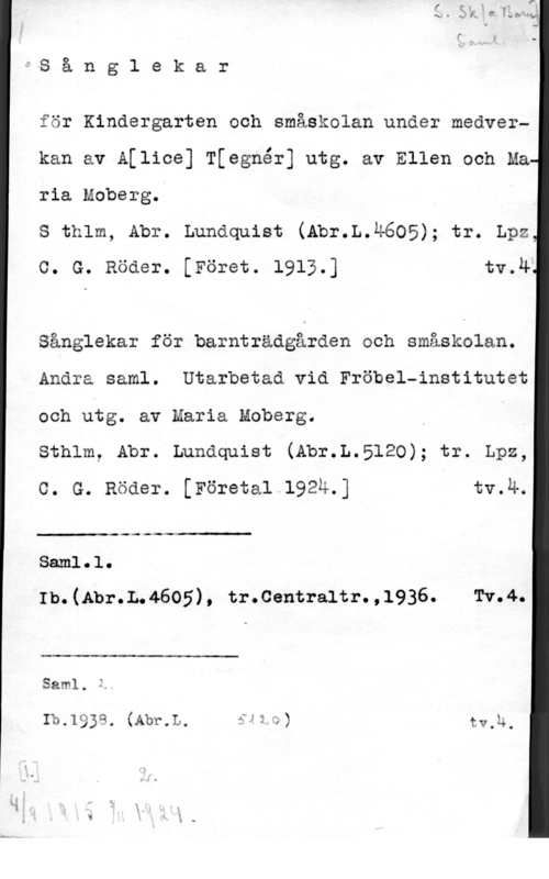 Tegnér, Alice Charlotta O

0S a n g l e k a r

för Kindergarten och småskolan under medverkan av A[lice] T[egnér] utg. av Ellen och Ma
ria Moberg.-

s thlm, Abr. Lundquist (Abr.L.4605); tr. Lpz
o. G. Röaer. [Föret. 1913.] tv.4"

Sånglekar för barnträdgården och småskolan.
Andra saml. Utarbetad vid Fröbel-institutet
och utg. av Maria Moberg. I
sthlm, Abr. Lundquist (Abr.L.5120); tr. Lpz,
o. G. Röaer. [Företal 192u ] tv.4.

-I- -4.

Samlolo
1b.(Abr.L.46o5), tr.centra1tr.,1936. Tv.4.

 

Saml. å

Ib.1939. (Abr,L, sv? Q) tv.u.