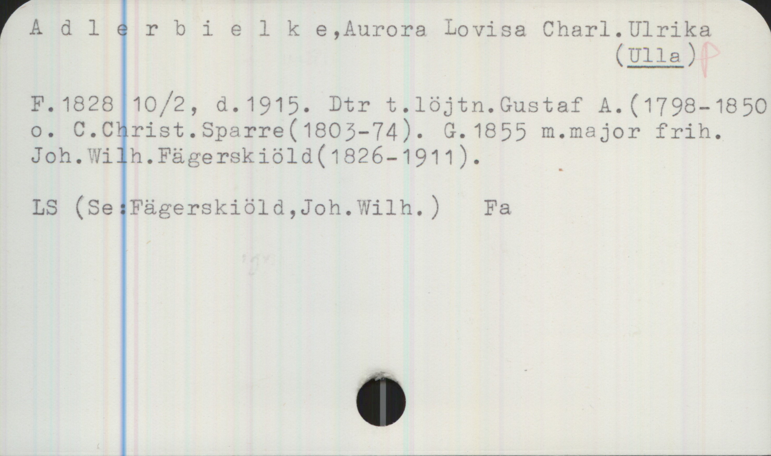 Adlerbielke, Aurora Lovisa Charl. Ulrika (ULLA) 1828- Adlerbielke, Aurora Lovisa Charl. Ulrika (ULLA)
F.1828 10/2, d.1915. Dtr t.löjtn. Gustaf A. (1798-1850) o. C. Christ. Sparre (1803-74). G.1855 m. major frih. Joh. Wilh. Fägerskiöld (1826—1911).

LS (Se:Fägerskiöld, Joh. Wilh.) Fa