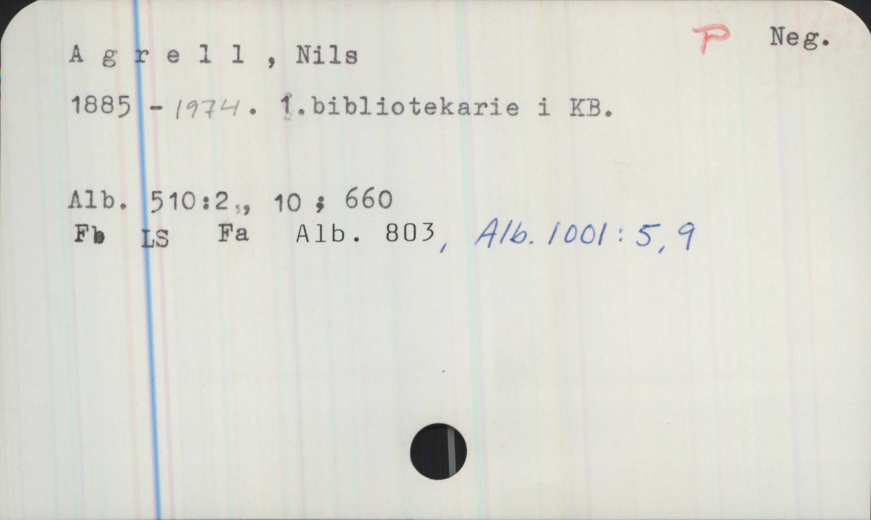 Agrell, Nils 1885-1974 Agrell, Nils
1885-1974. 1.bibliotekarie i KB.

Alb.510:2, 10; 660
Fb LS Fa Alb.803, Alb.1001:5,9