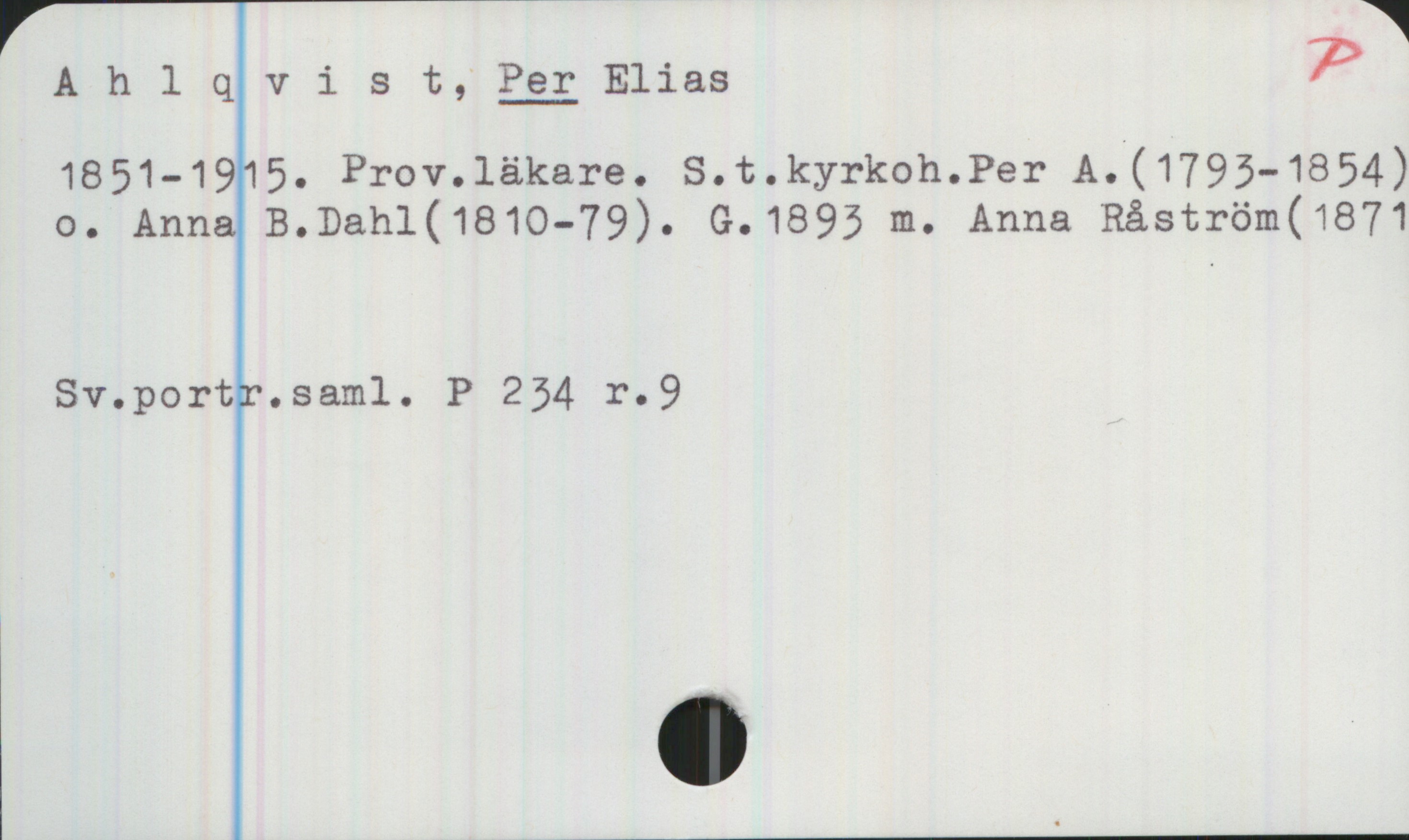 Ahlqvist, PER Elias 1851-1915 Ahlqvist, PER Elias
1851-1915. Prov.läkare. S.t. kyrkoh. Per A (1793-1854) o. Anna B. Dahl (1810-79). G.1893 m. Anna Råström(1871

Sv.portr.saml. P 234 r.9
