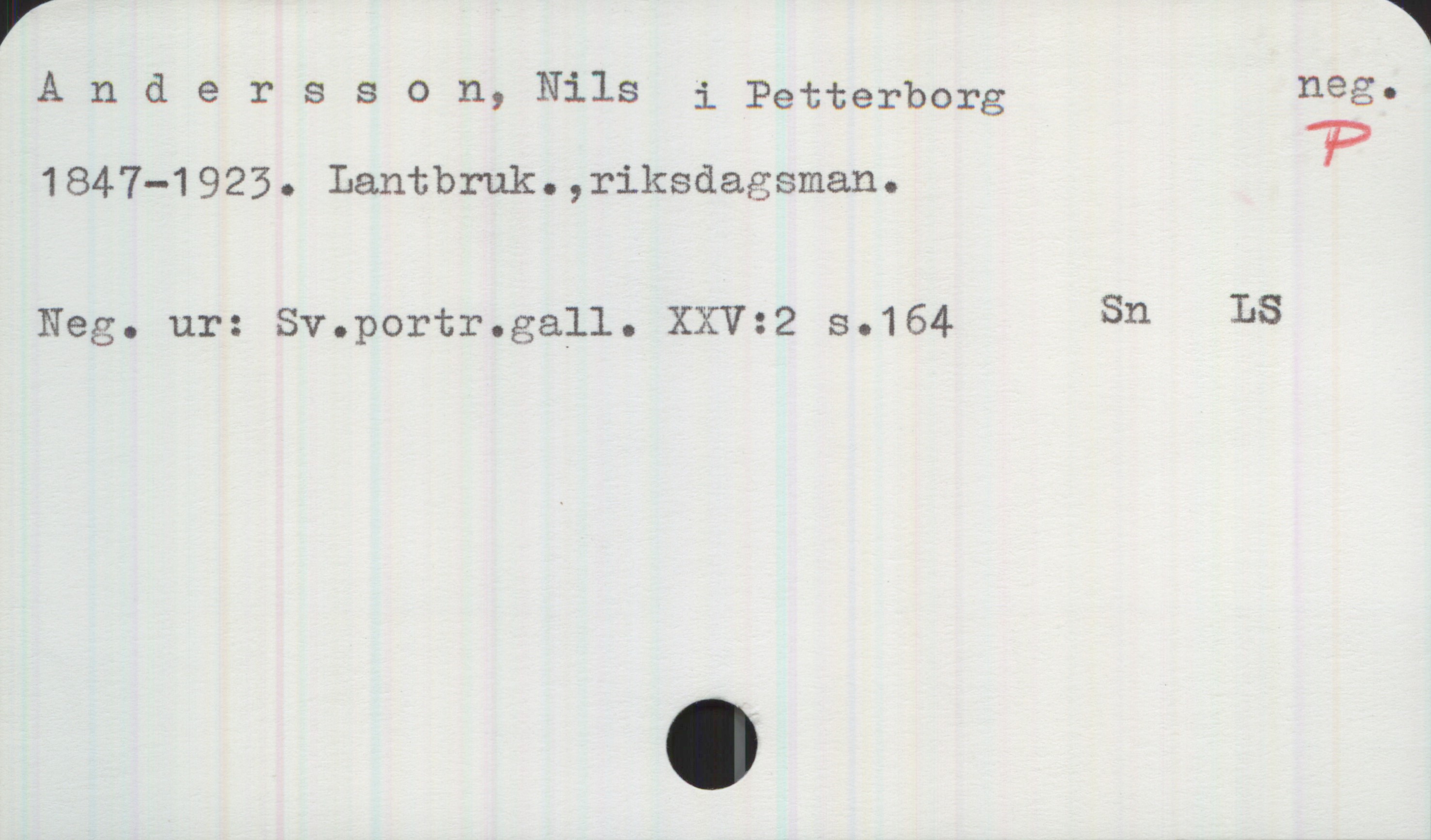Andersson, Nils i Petterborg. 1847-1923. Andersson, Nils i Petterborg                          neg.
1847—1923. Lantbruk., riksdagsman. 
Neg. ur: Sv. portr. gall. XXV:2 s.164 
Sn  LS