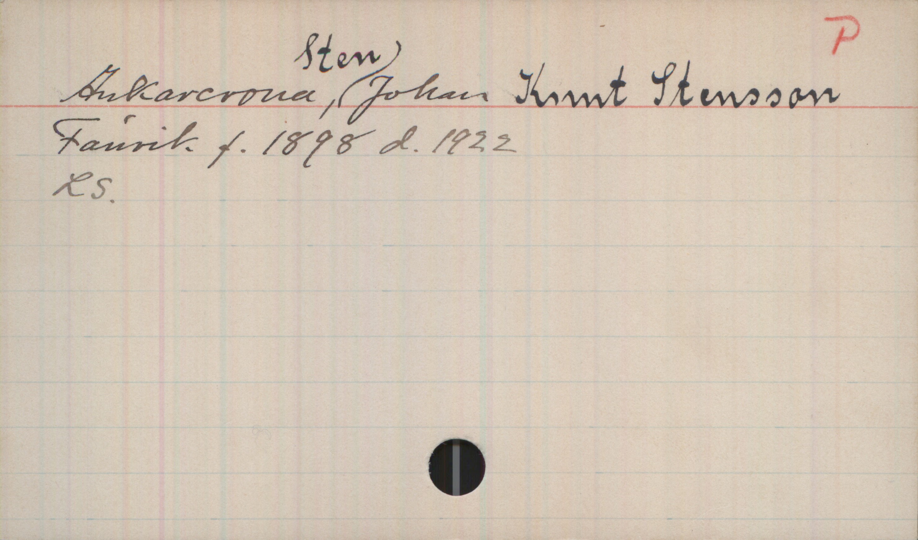 Ankarcrona, Sten Johan Knut Stensson. 1898-1922. Ankarcrona, Sten Johan Knut Stensson
Fänrik f. 1898 d. 1922
LS.