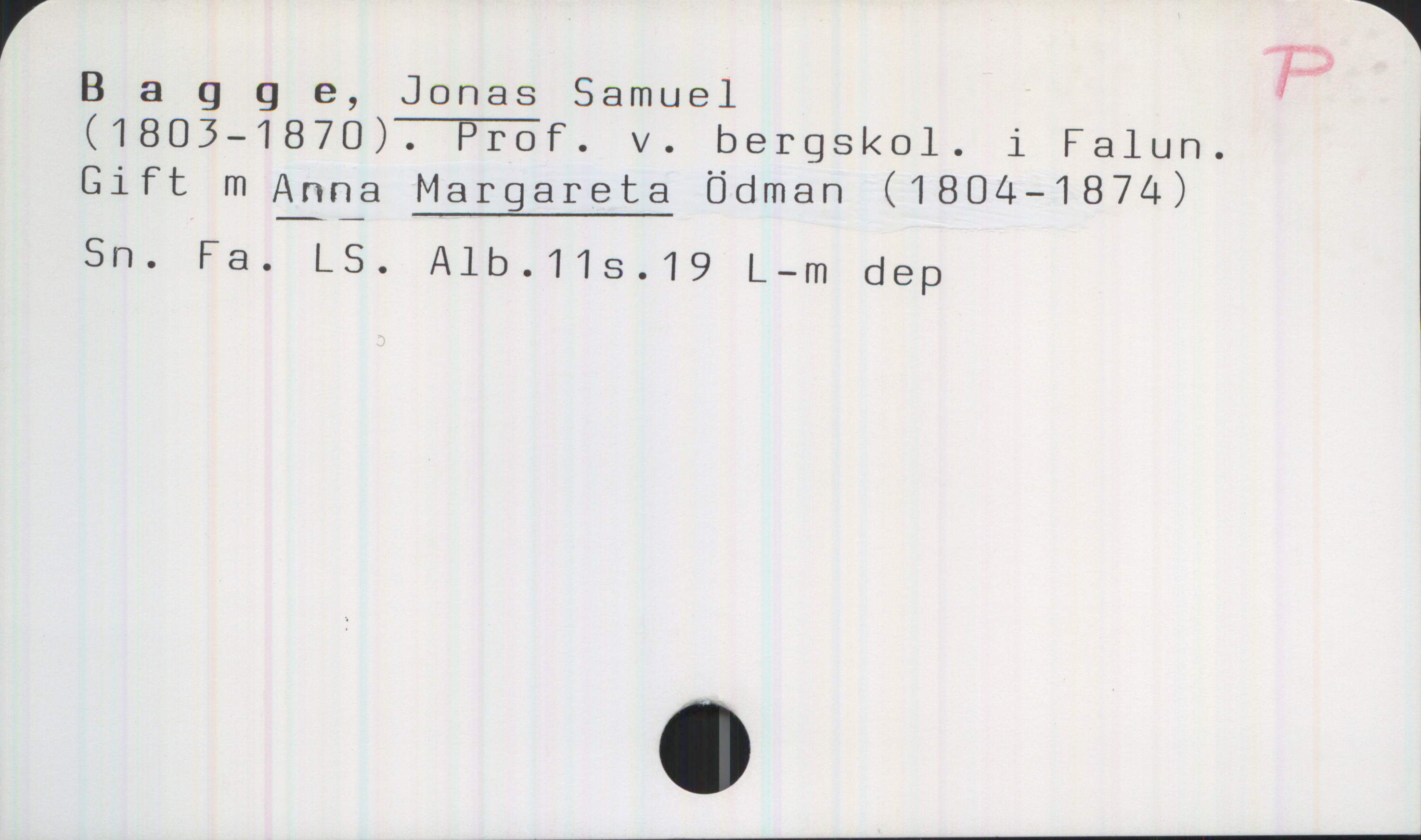 Bagge, JONAS Samuel Bagge, JONAS Samuel

(1803-1870). Prof. v. bergskol. i Falun.
Gift m Anna MARGARETA Ödman (1804—1874)

Sn. Fa. LS. Alb.11s.19  L—m dep