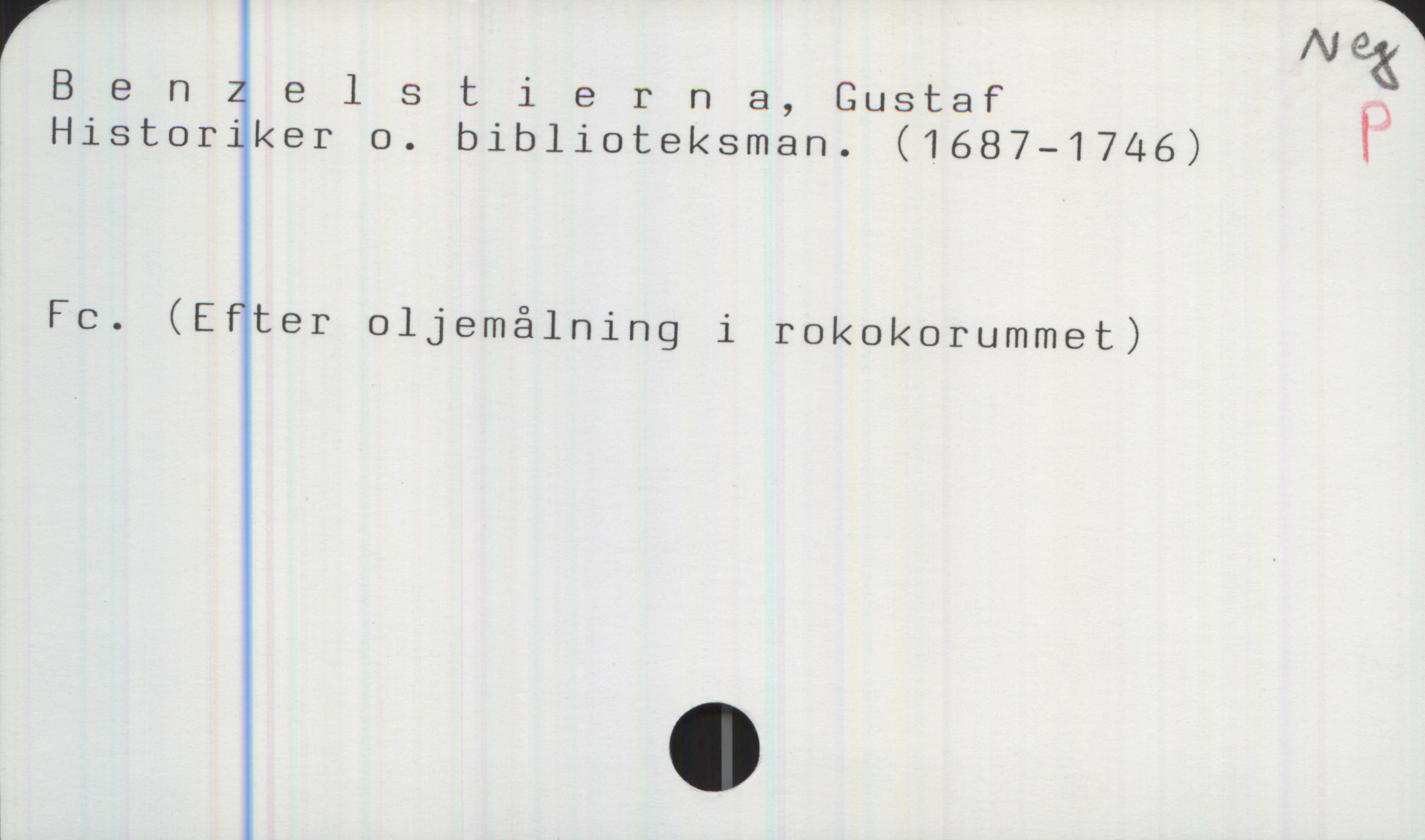 Benzelstierna, Gustaf (1687-1746) Benzelstierna, Gustaf 

Historiker o. biblioteksman. (1687—1746) 

Fc. (Efter oljemålning i rokokorummet)