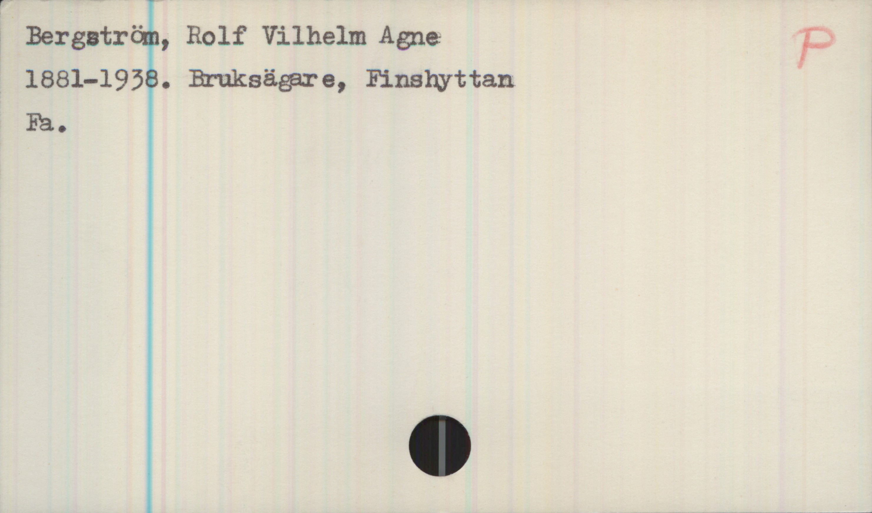 Bergström, Rolf Vilhelm Agne (1881-1938) Bergström, Rolf Vilhelm Agne 

1881-1938. Bruksägare, Finshyttan

Fa.