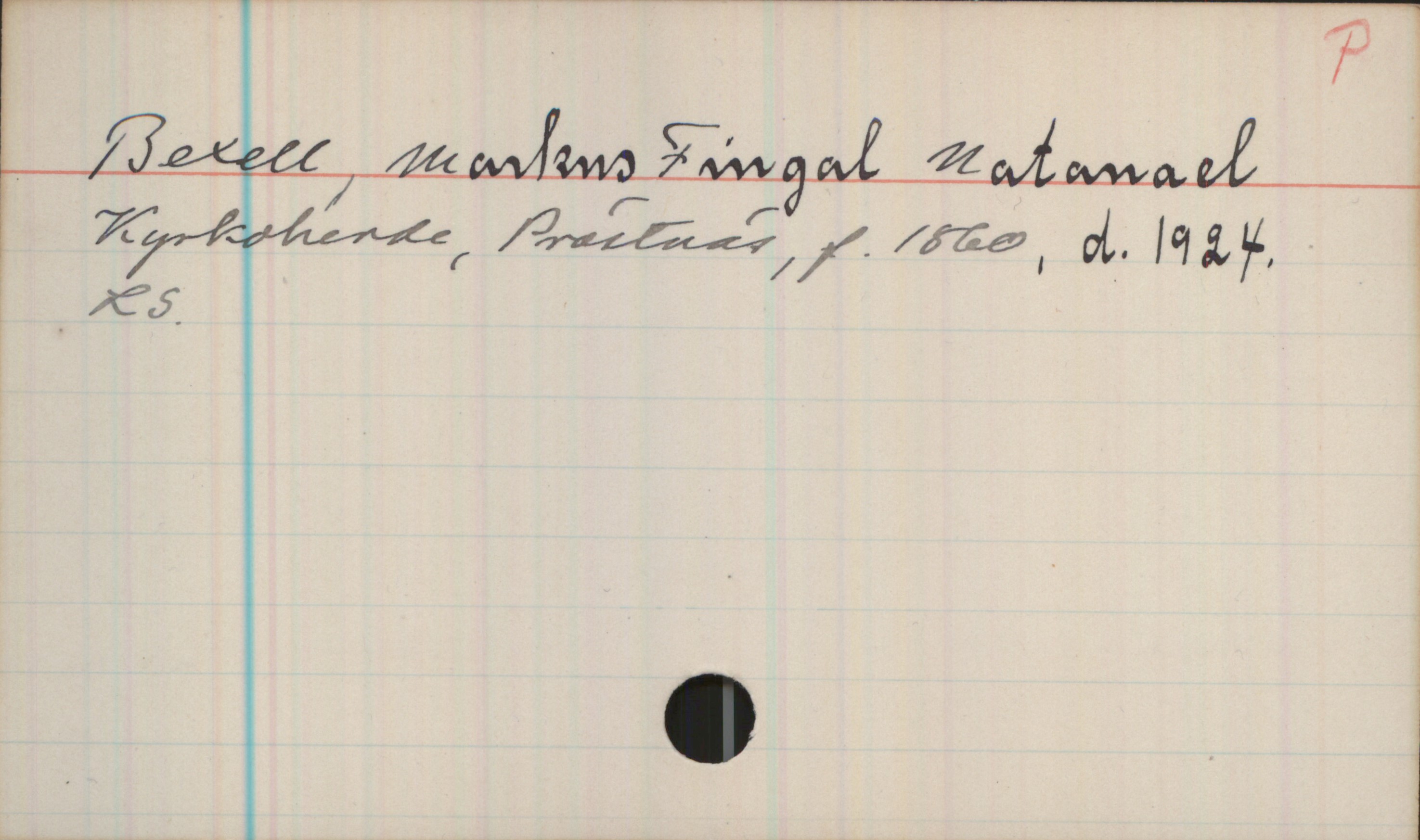 Bexell, Markus Fingal Natanael (1860-1924) Bexell, Markus Fingal Natanael 

Kyrkoherde, Prästnäs, f. 1860 d. 1924

LS