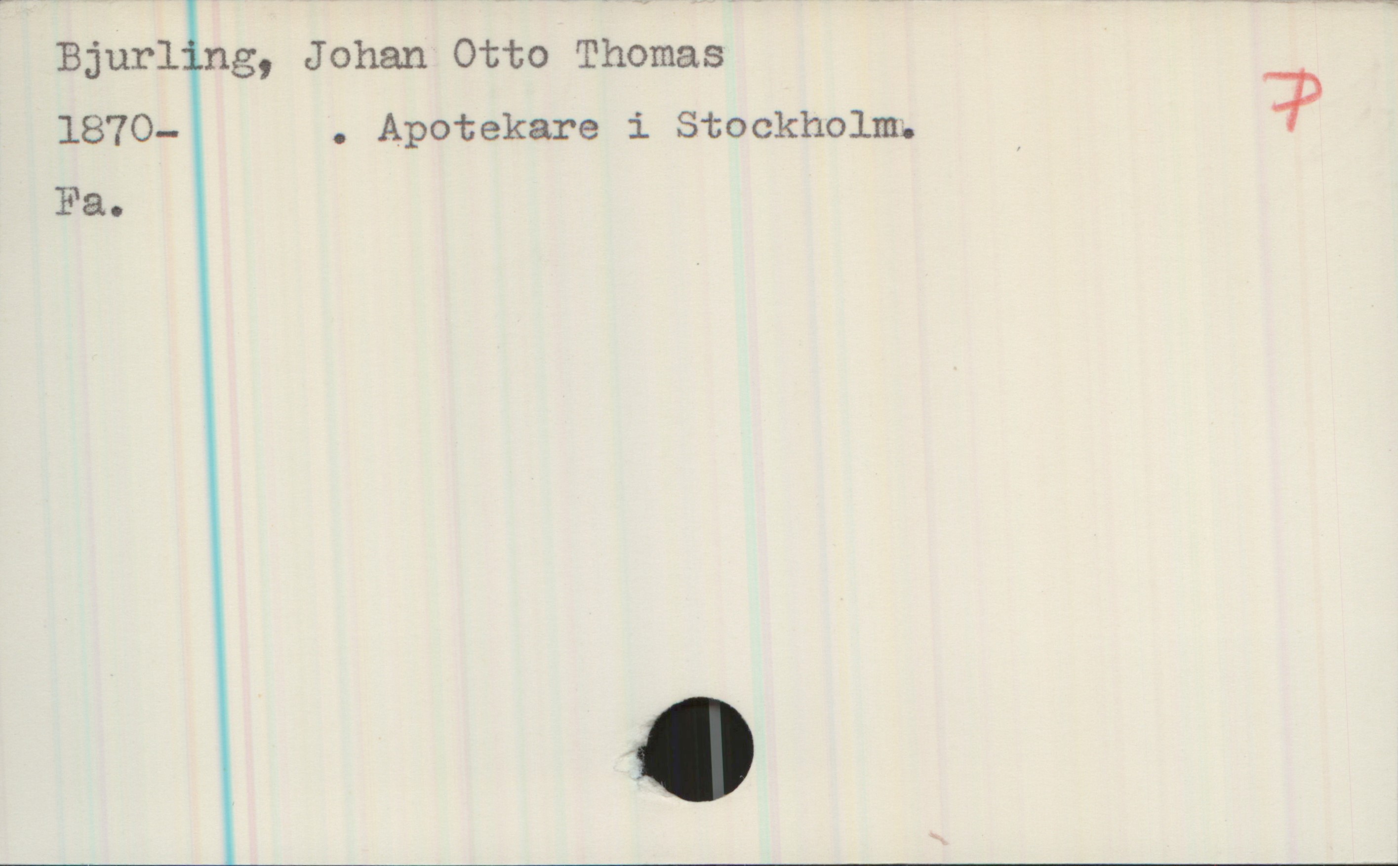 Bjurling, Johan Otto Thomas (1870-) Bjurling, Johan Otto Thomas

1870— . Apotekare i Stockholm.

Fa.
