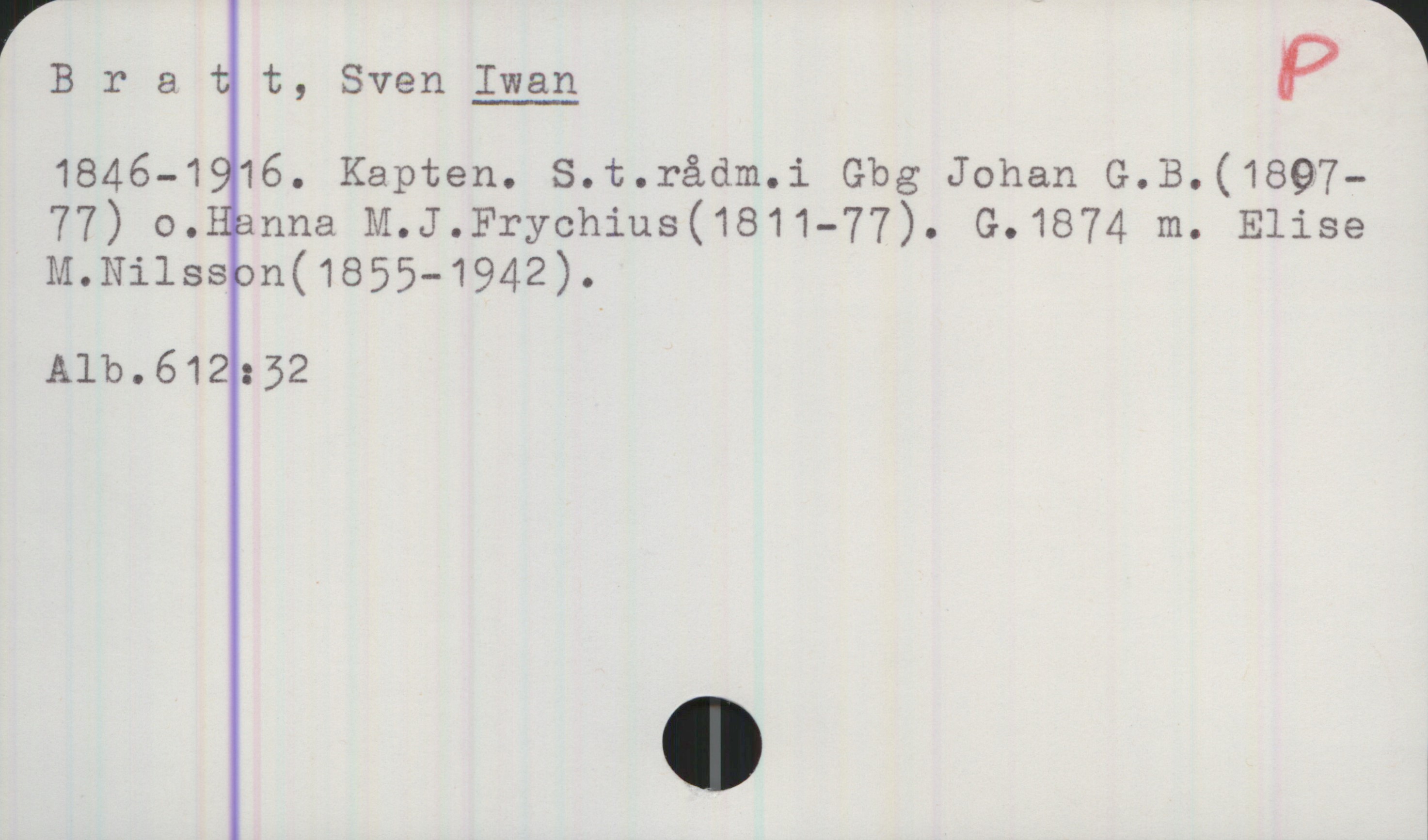 Bratt, Sven IWAN (1846-1916) Bratt, Sven IWAN
1846-1916. Kapten. S.t.rådm.i Gbg Johan G.B.(1807-
77) o. Hanna M.J.Frychius(1811-77). G.1874 m. Elise
M.Nilsson(1855-1942).

Alb. 612:32