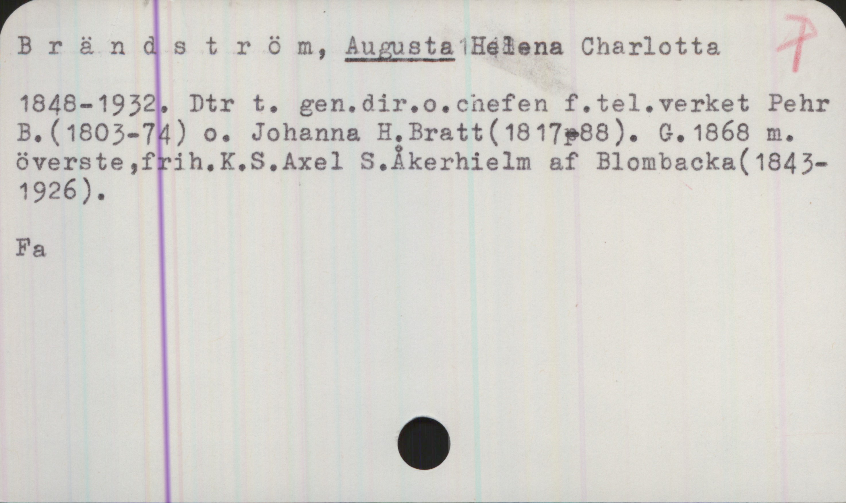 Brändström, AUGUSTA Helena Charlotta (1848-1932) Brändström, AUGUSTA Helena Charlotta

1848-1932 Dtr t. gen.dir. o. chefen f. tel.verket Pehr B.(1803-74) o. Johanna H. Bratt (1817-88). G. m. överste, frih. K. S. Axel S. Åkerhielm af Blombacka (1843-1926).

Fa