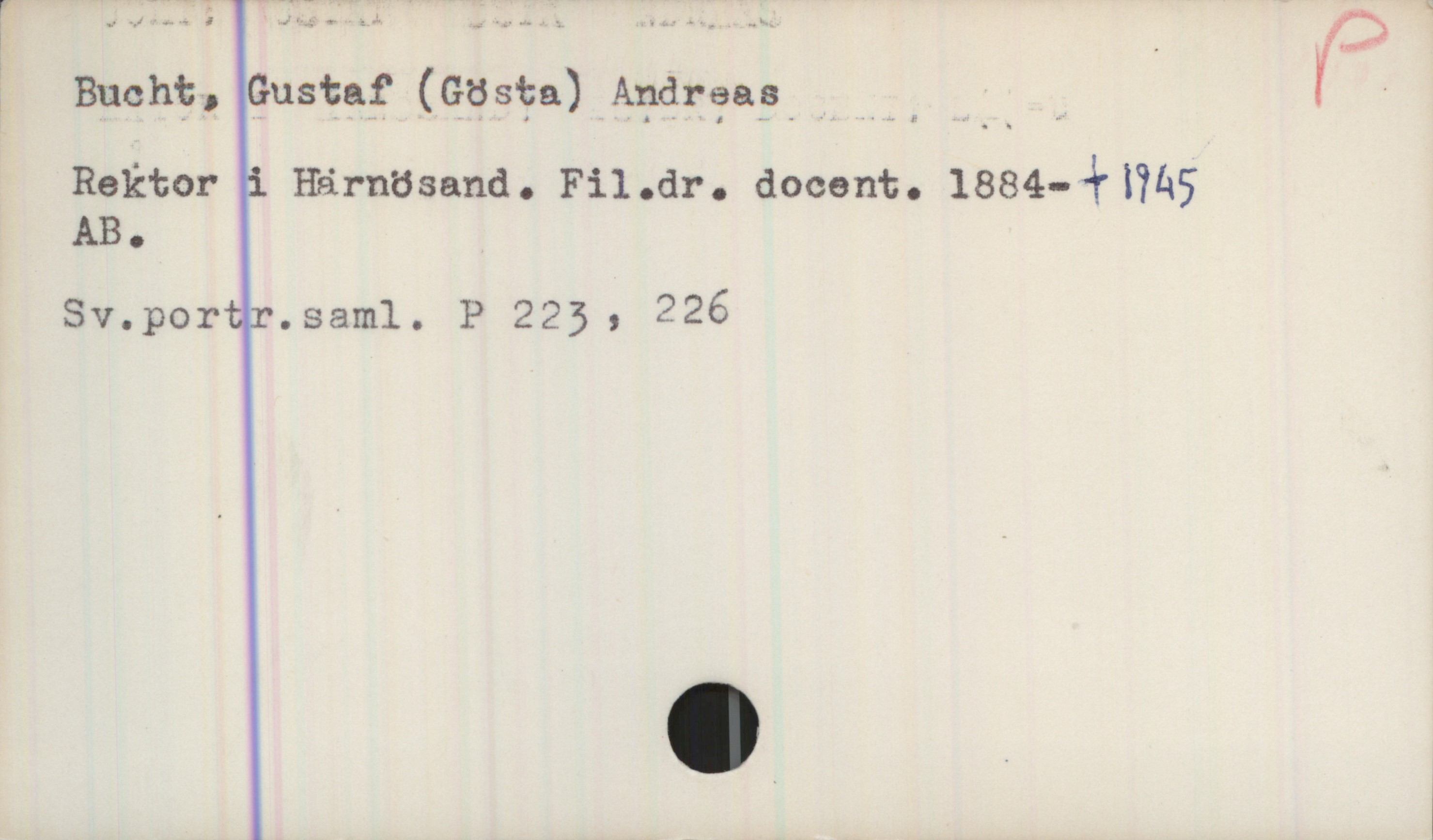 Bucht, Gustaf (Gösta) Andreas (1884-1945) Bucht, Gustaf (Gösta) Andreas
Rektor i Härnösand. Fil. dr. docent. 1884-+1945
AB.
Sv.portr.saml. P 223, 226