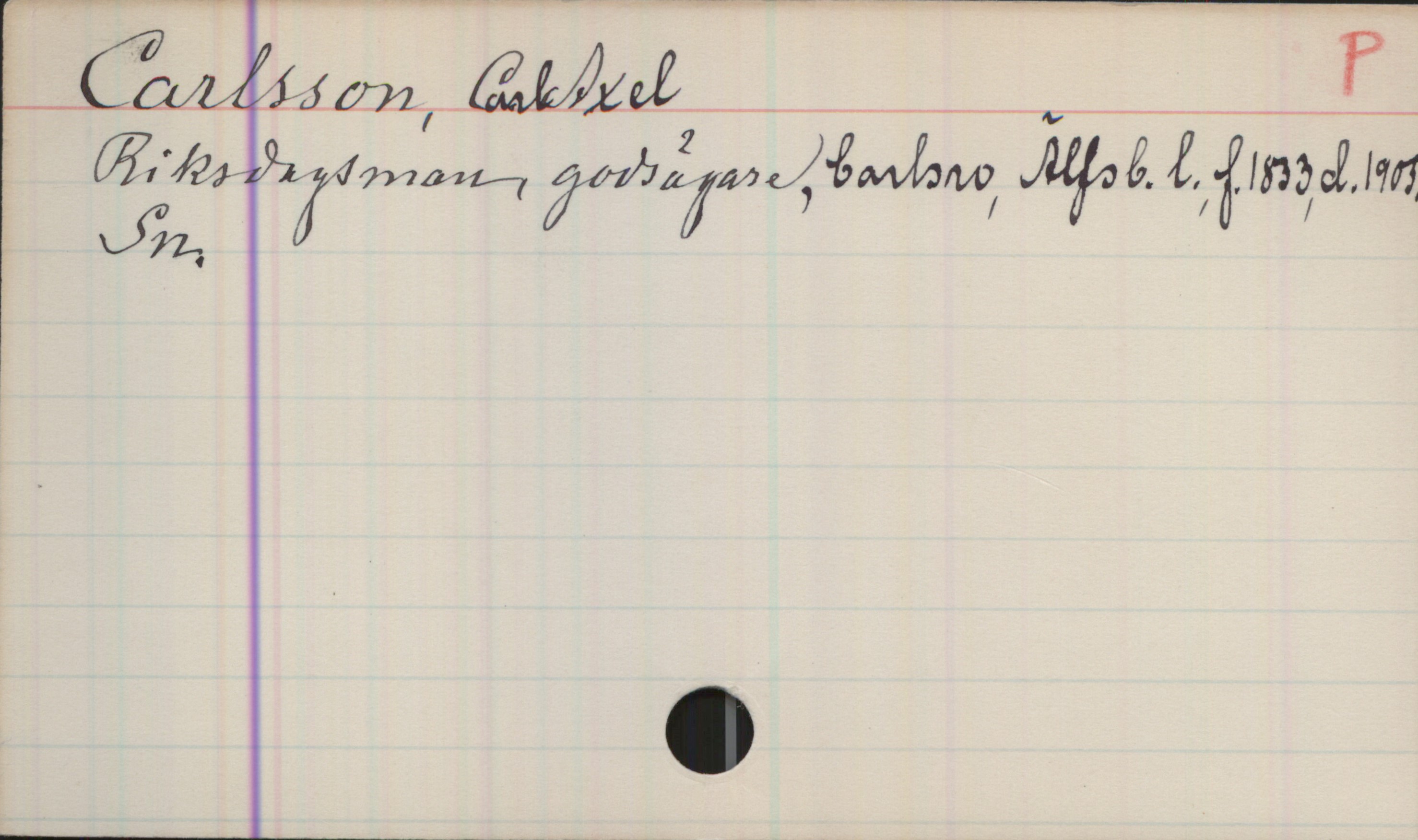 Carlsson, Carl Axel (1833-1905) Carlsson, Carl Axel
Riksdagsman, godsägare, Carlsro, älfsb. l., f. 1833, d. 1905

Sn
.