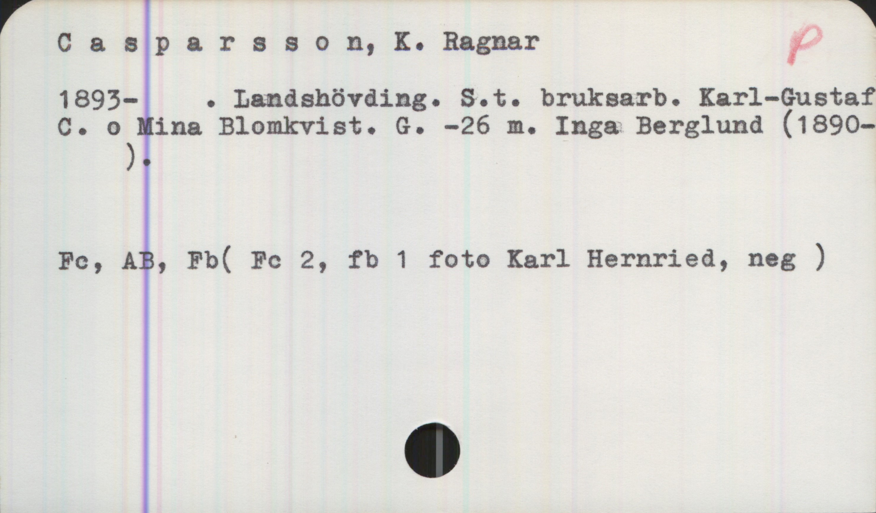 Casparason, K. Ragmar  (1893- ) Casparason, K. Ragmar 
1893- . Landshövding. S.t. bruksarb. Karl-Gustaf C. o Nina Blomkvist. G. -26 m. Inga Berglund (1890-)

Fc, AB, Fb, Fc (Fc 2, Fb 1 foto Karl Hernried, neg )