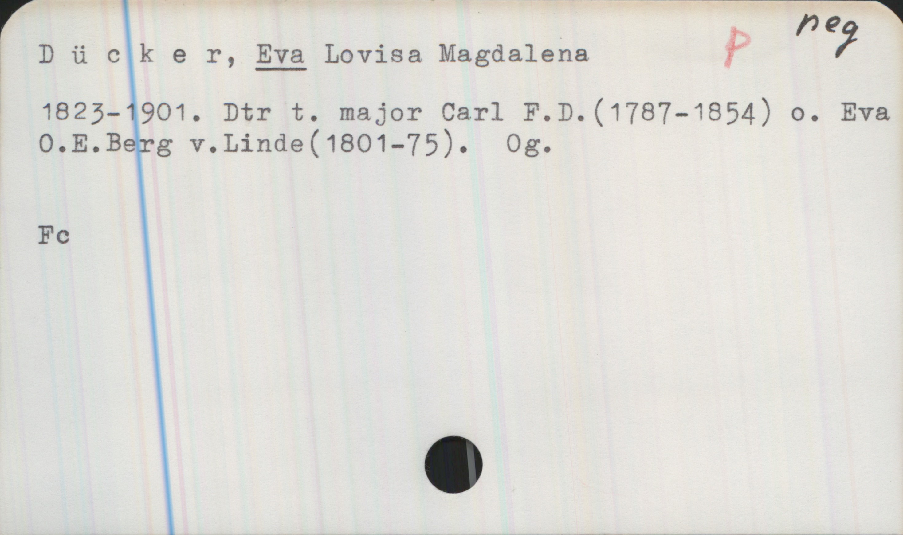 Dücker, EVA Lovisa Magdalena (1832-1901) Dücker, EVA Lovisa Magdalena
1832-1901. Dtr t. major Carl F. D. (1787-1854) o. Eva O. E. Berg v. Linde (1801-75). Og.
Fc
