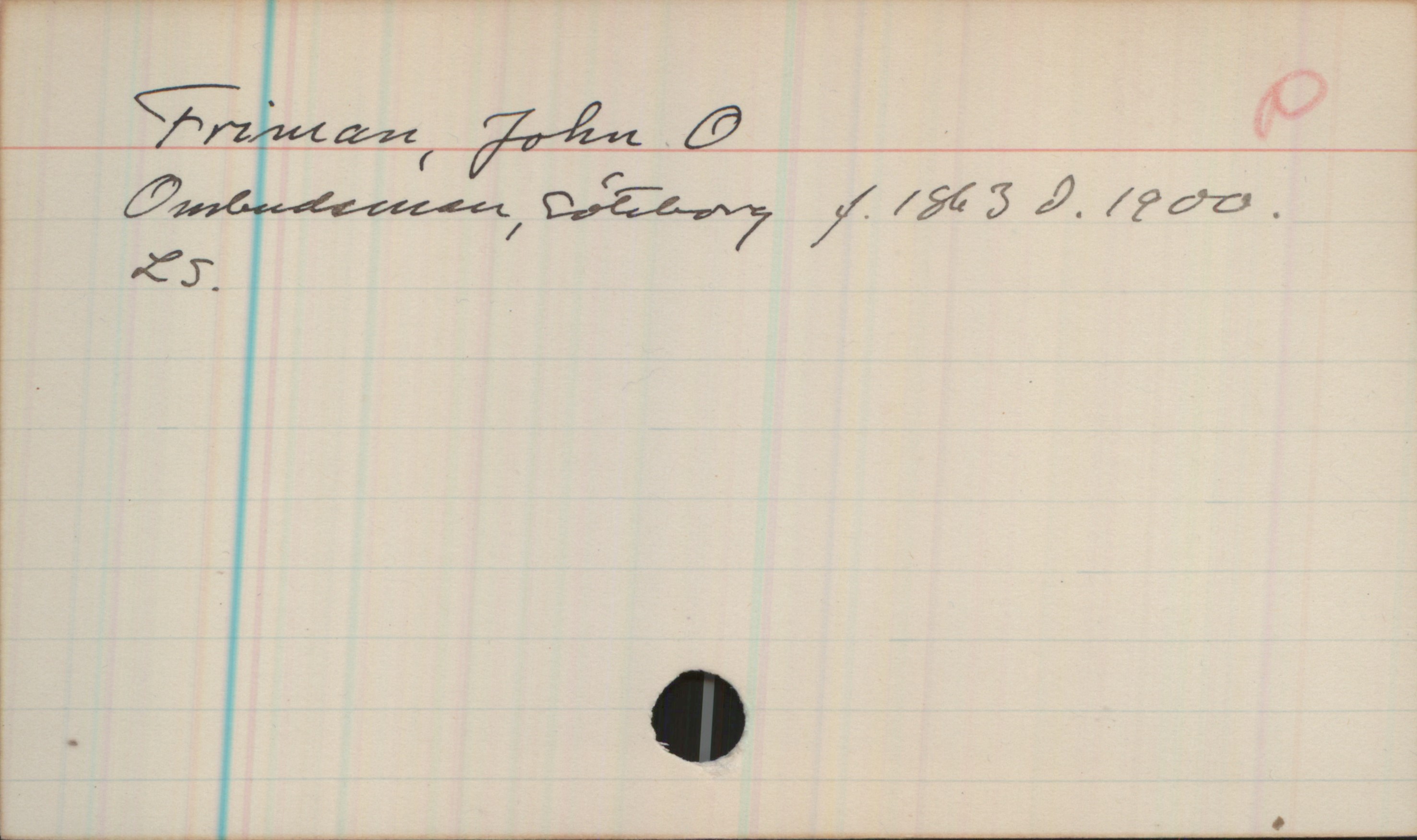 Friman, John O 1863-1900 Friman, John O
Ombudsman, Göteborg, f. 1863, d. 1900.
LS