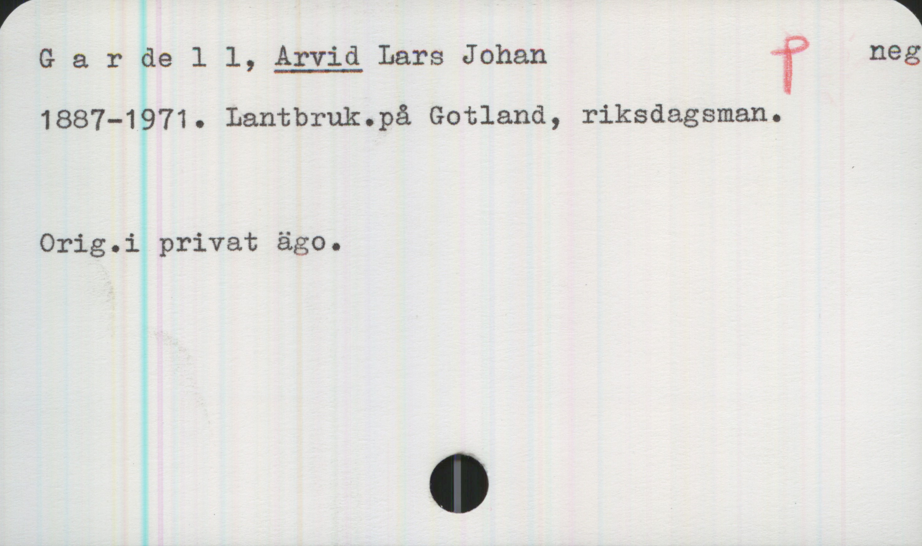 Gardell, Arvid 1887-1971 Gardell, Arvid Lars Johan
1887-1971. Lantbruk. på Gotland, riksdagsman.

Orig. i privat ägo.