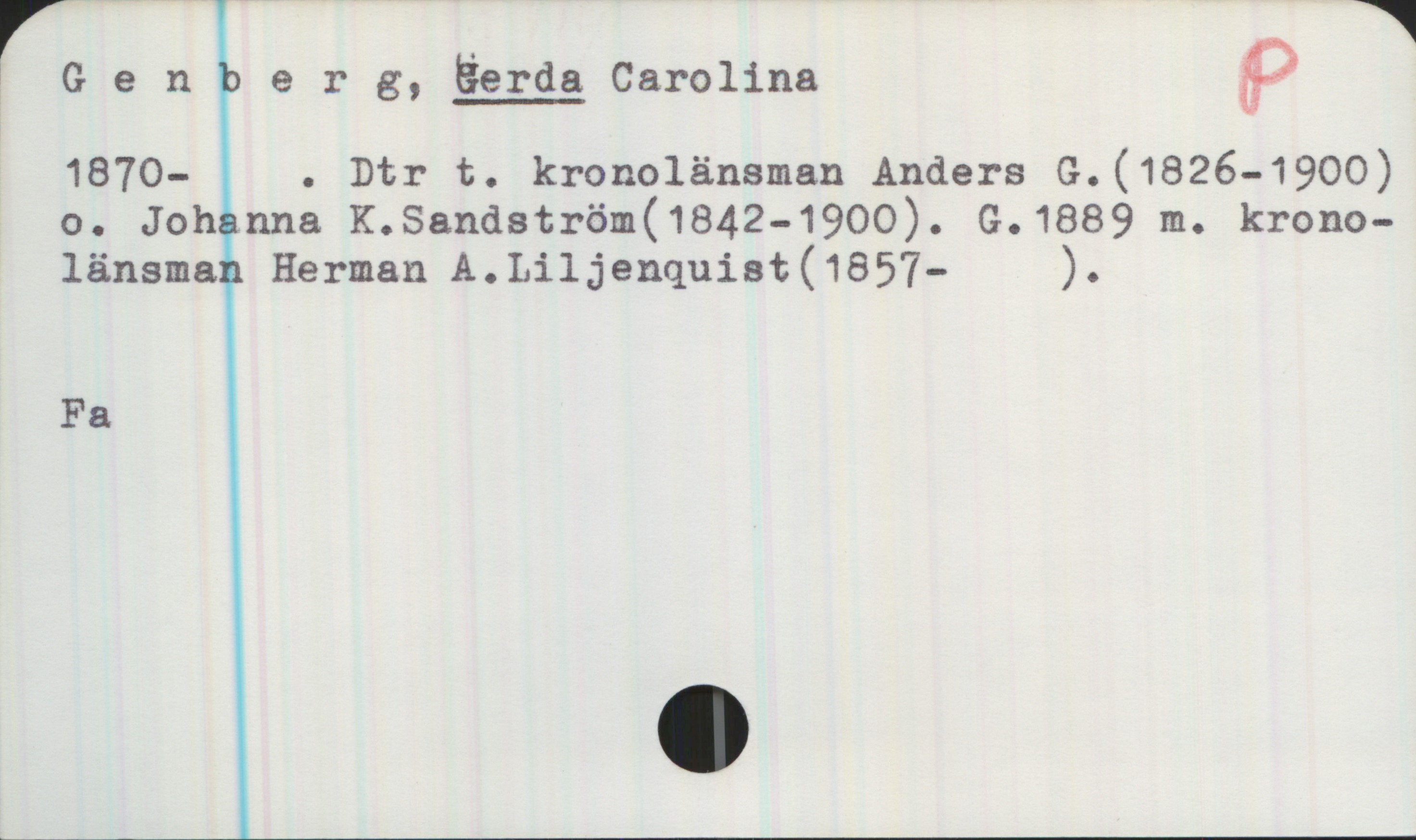 Genberg, Gerda 1870- Genberg, Gerda Carolina
1870-  . Dtr t. kronolänsman Anders G. (1826-1900)
o. Johanna K. Sandström (1842-1900). G.1889 m. 
kronolänsman Herman A. Liljenquist (1857- ).
Fa