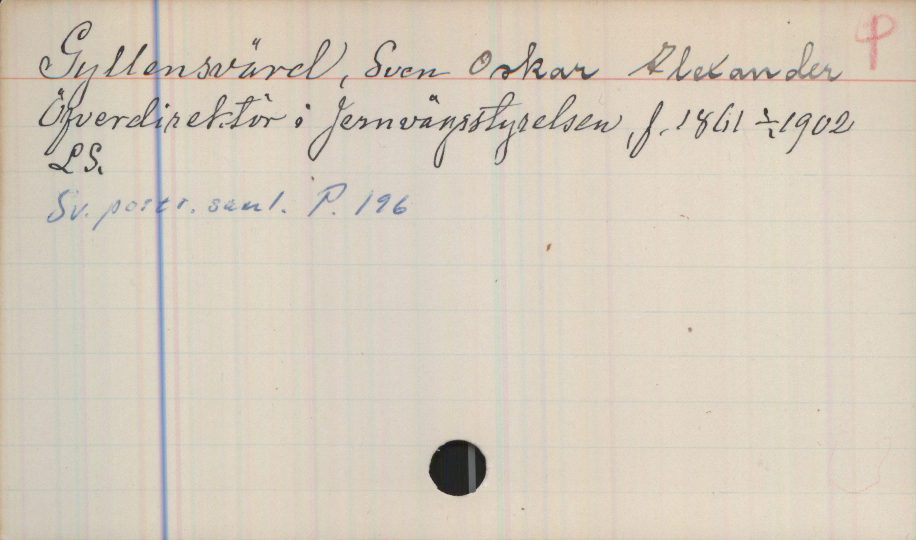 Gyllensvärd, Sven Oskar Alexander 1861-1902 Gyllensvärd, Sven Oskar Alexander
Öfverdirektör i Jernvägsstyrelsen, f. 1861-1902.
LS
Sv.portr.saml. P.196