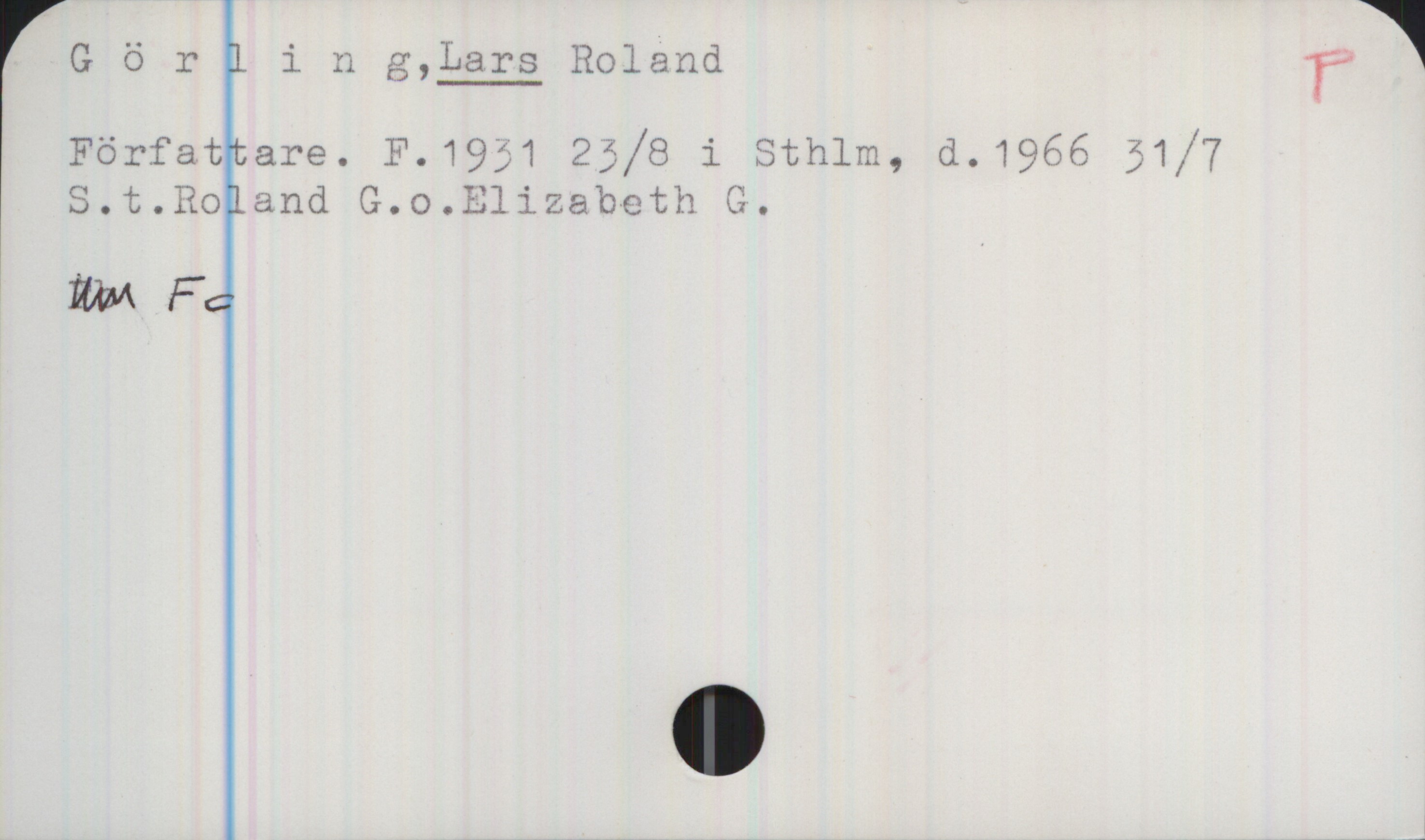 Görling, Lars 1931-1966 Görling, Lars Roland 
Författare. F. 1931 25/8 i Sthlm, d. 1966 31/7.
S.t. Roland G. o. Elizabeth G.
Fc