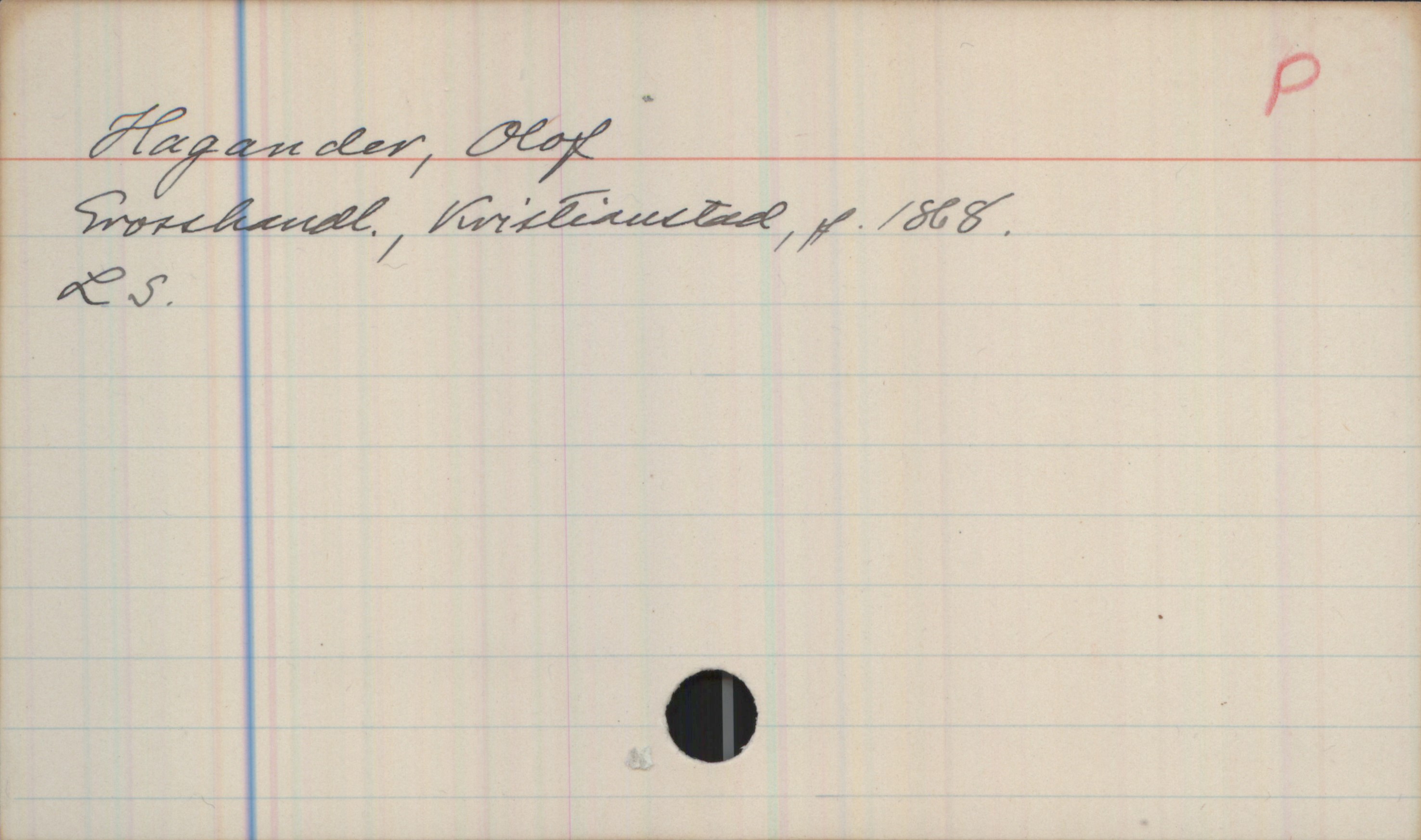 Hagander, Olof 1868- Hagander, Olof 
Grosshandl., Kristianstad, f. 1868.
LS